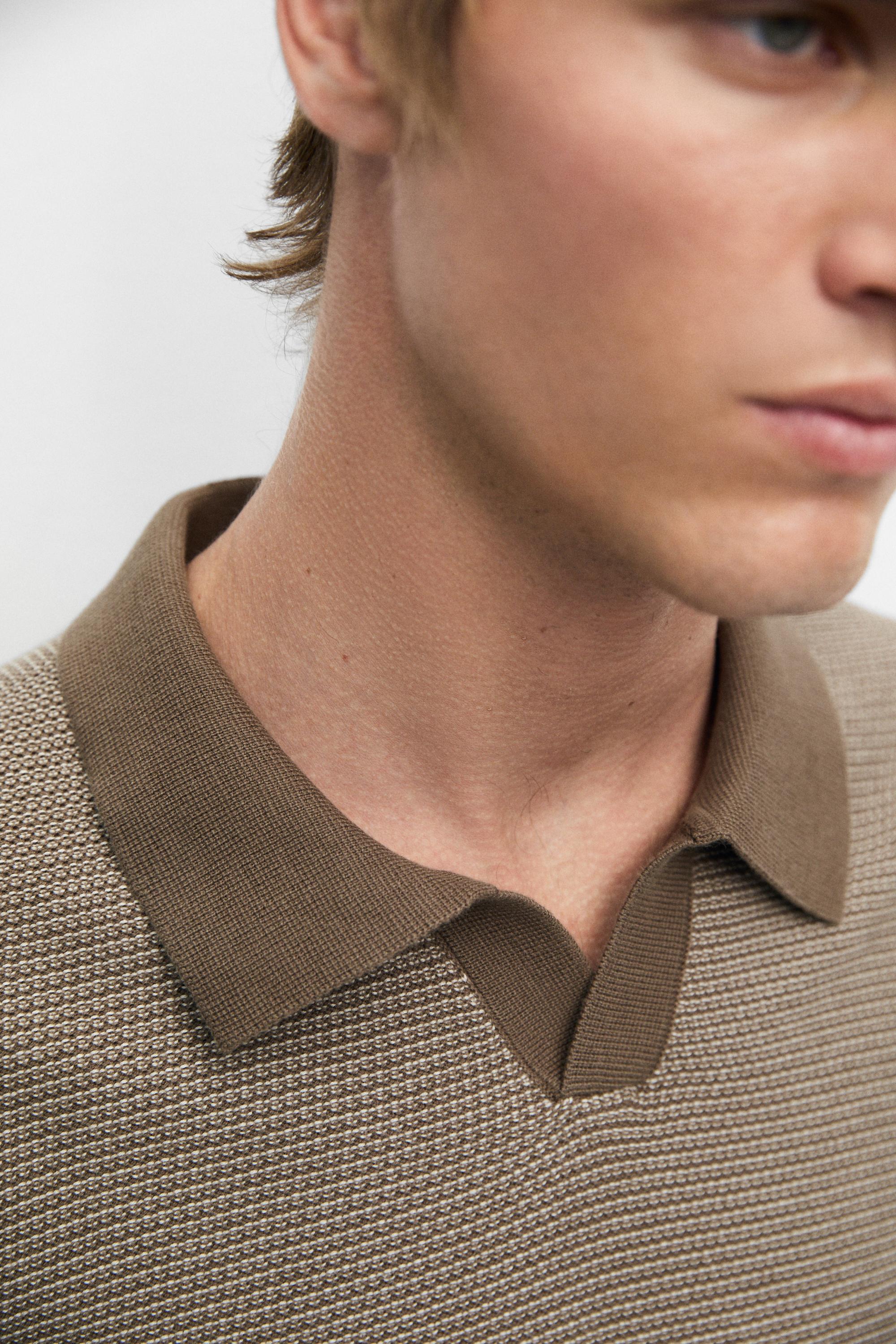 100% cotton contrast knit polo sweater — KHAKI