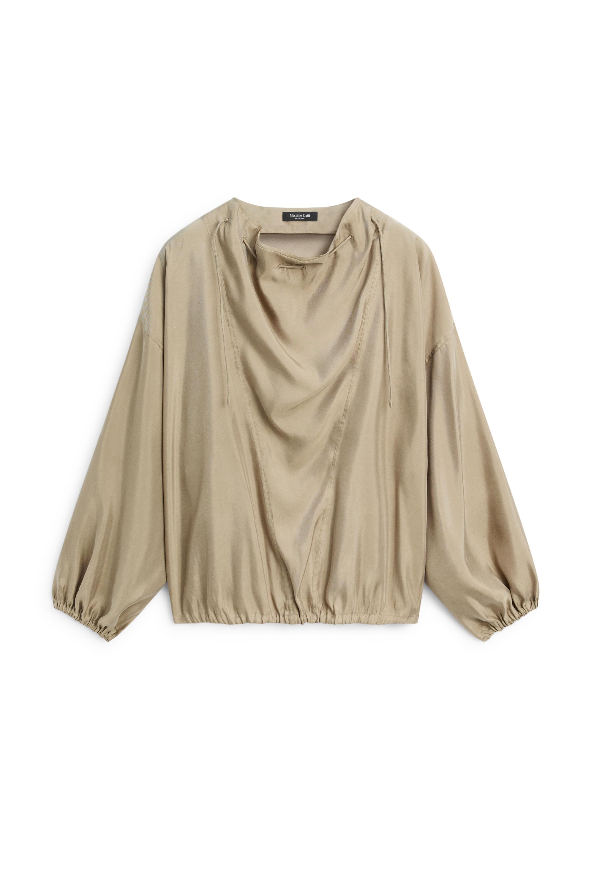 Flowing blouse with drawstring neck detail — STONE