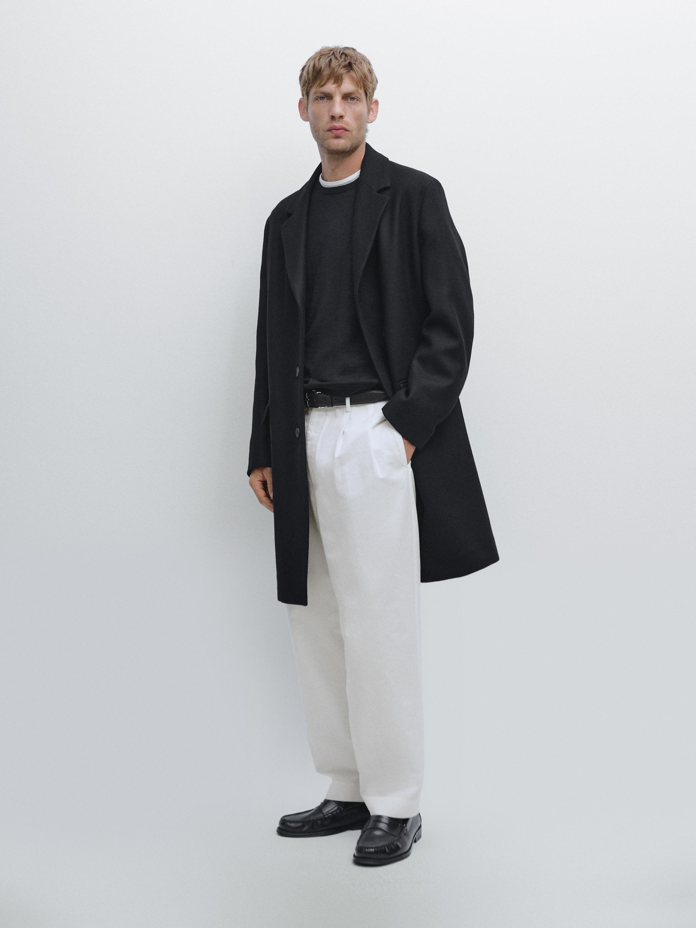Manteau long à revers en laine mélangée