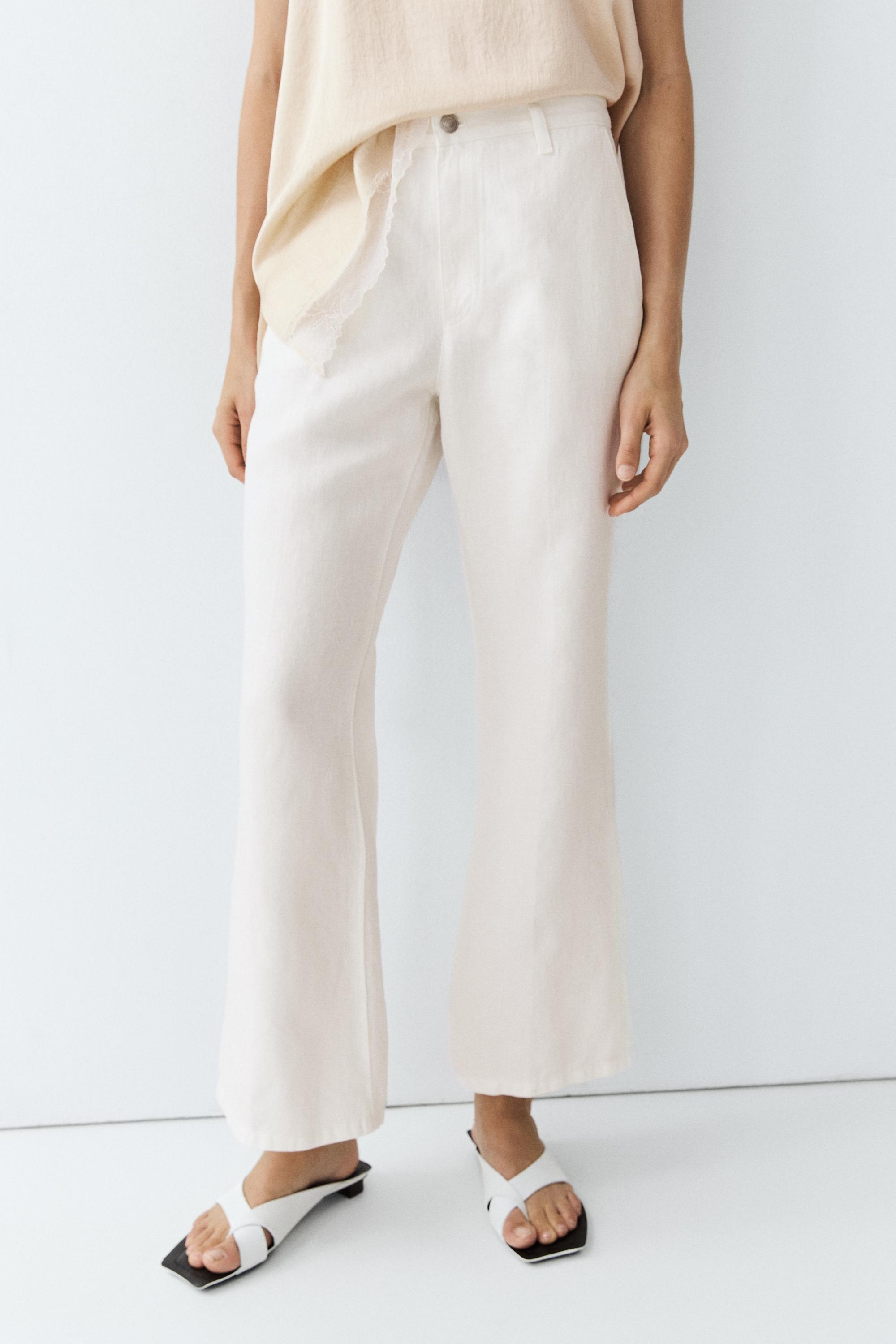 100% linen cropped flare fit pants — Off white
