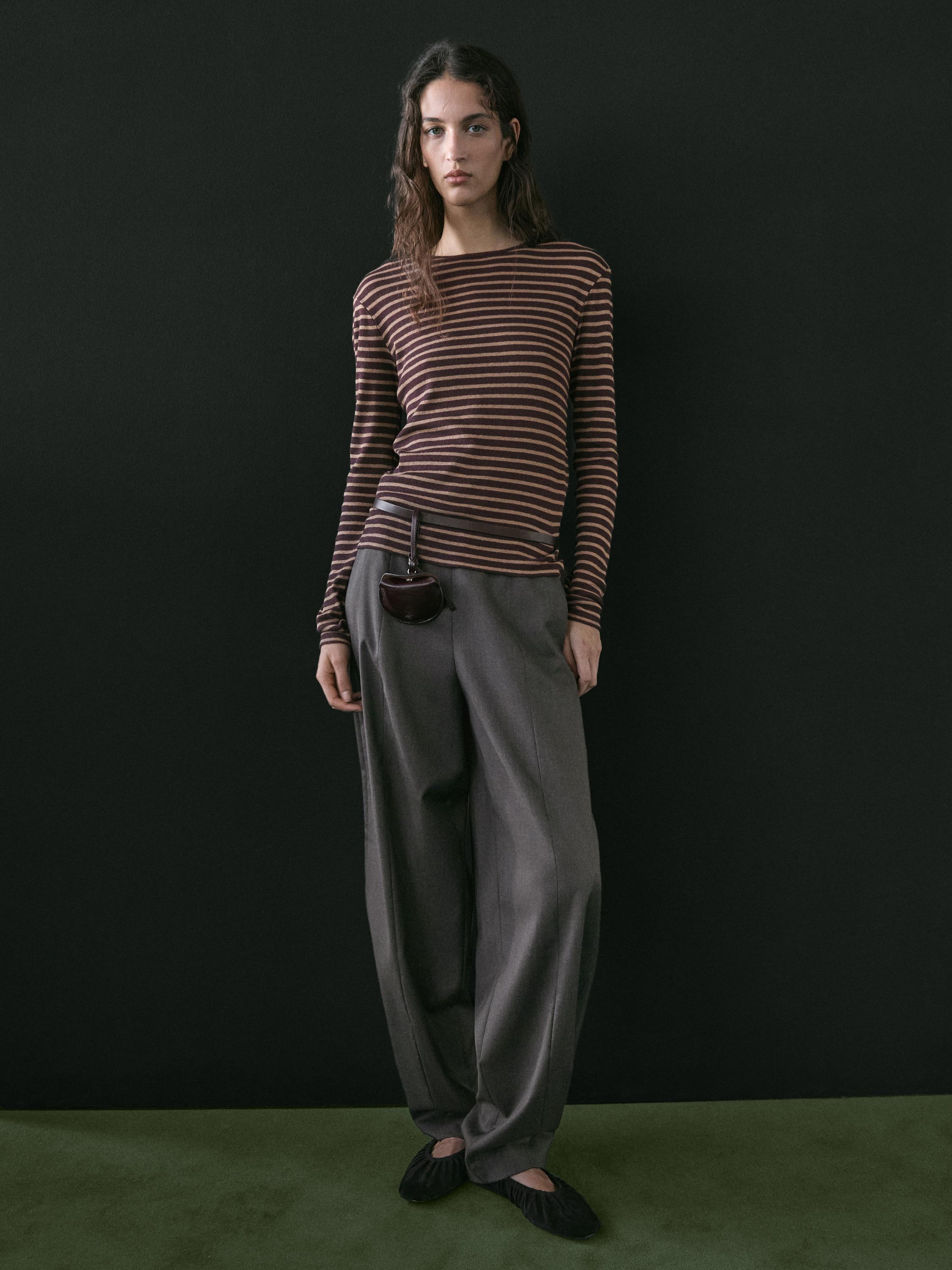 Cotton blend striped long sleeve T-shirt
