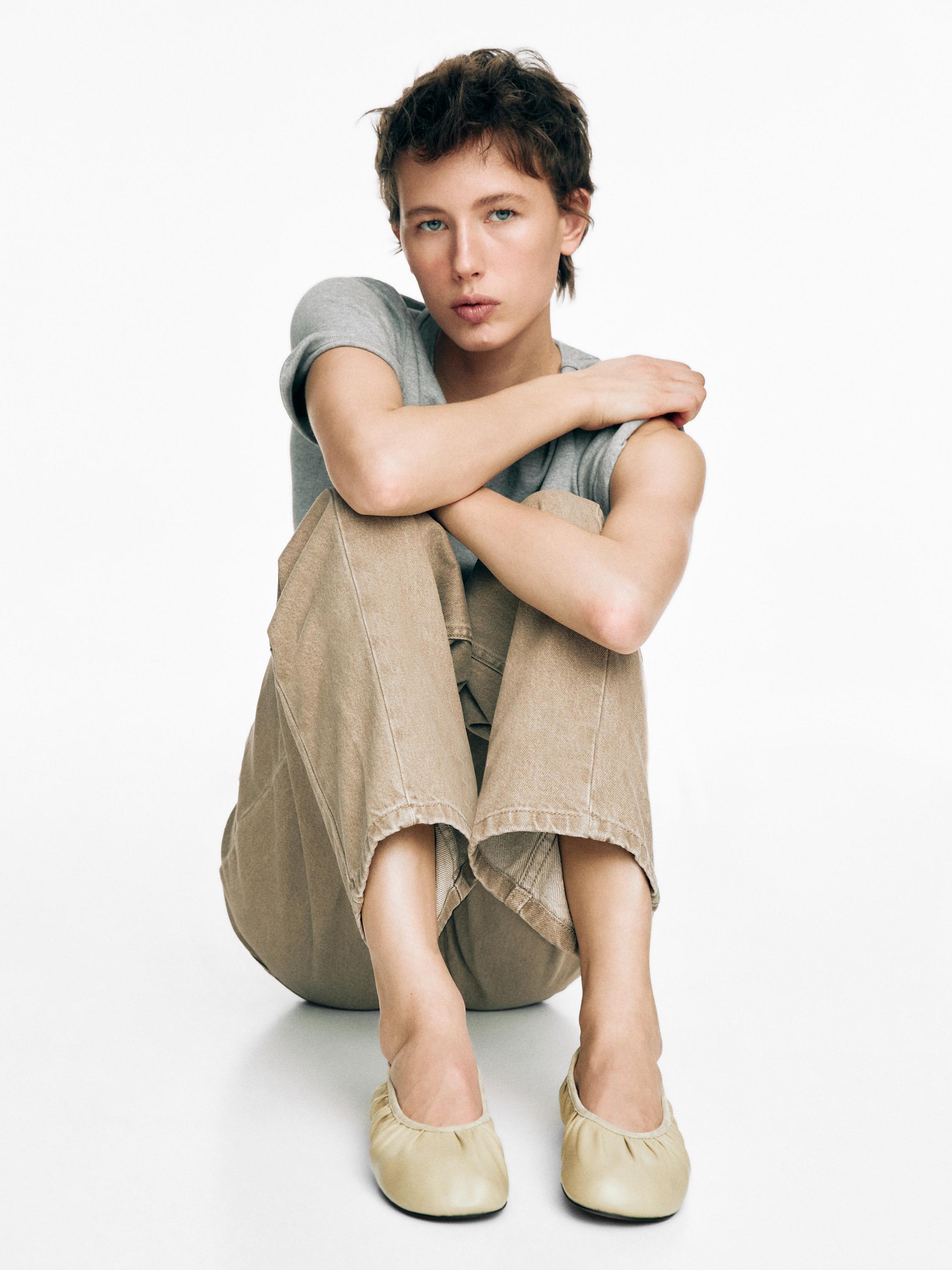 Soft leather ballet flats with gathered detail — BEIGE