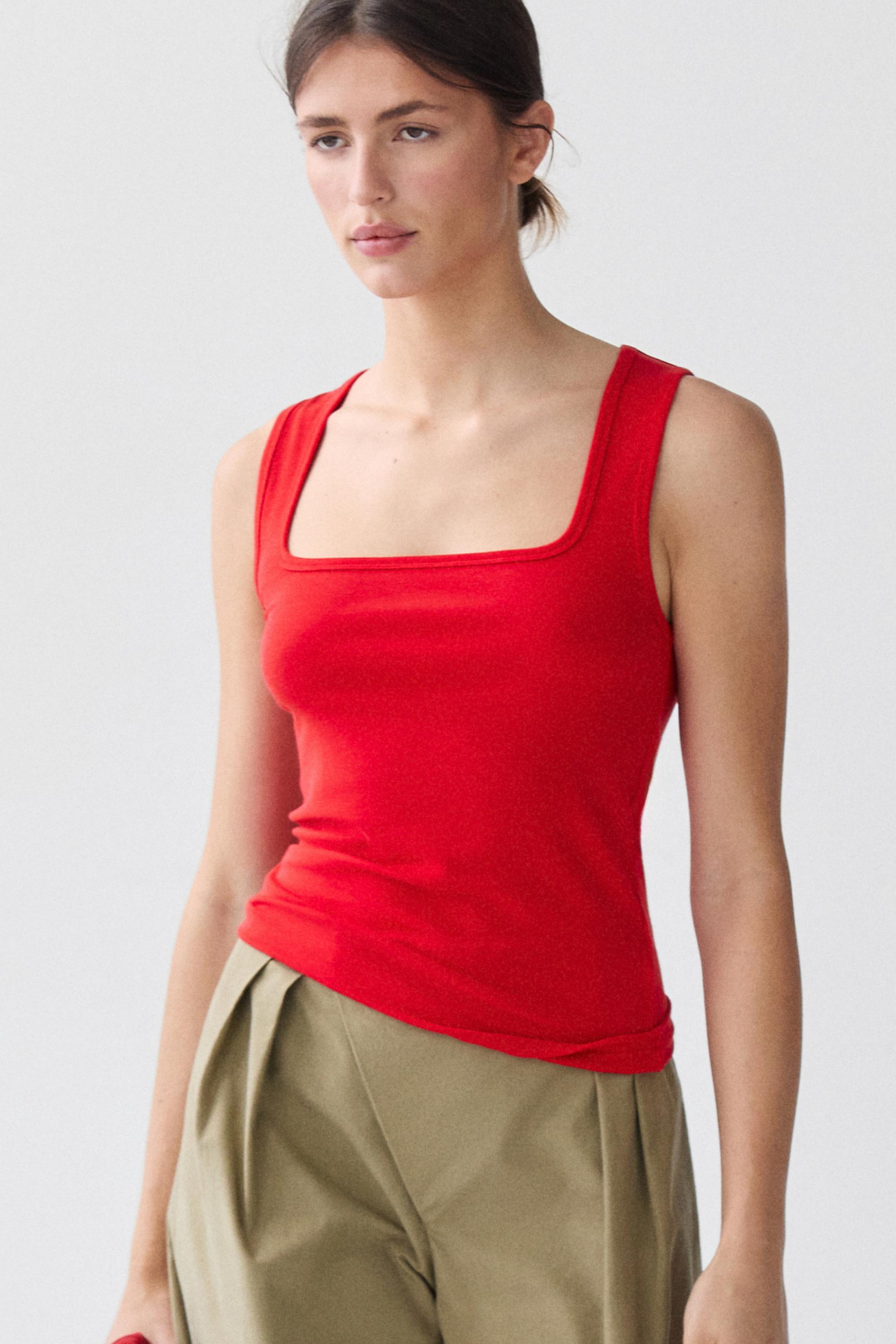Cotton blend square neck top — RED