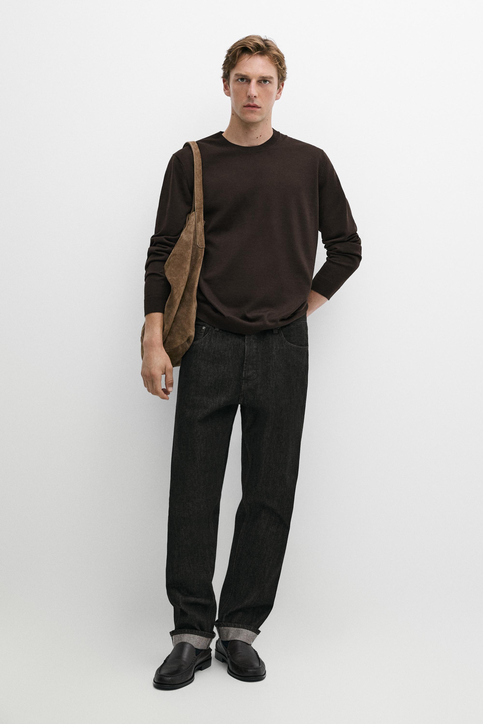 Pullover In Maglia Con Collo Rotondo 100% Lana Merino - Marrone - L - Massimo Dutti - Male-image