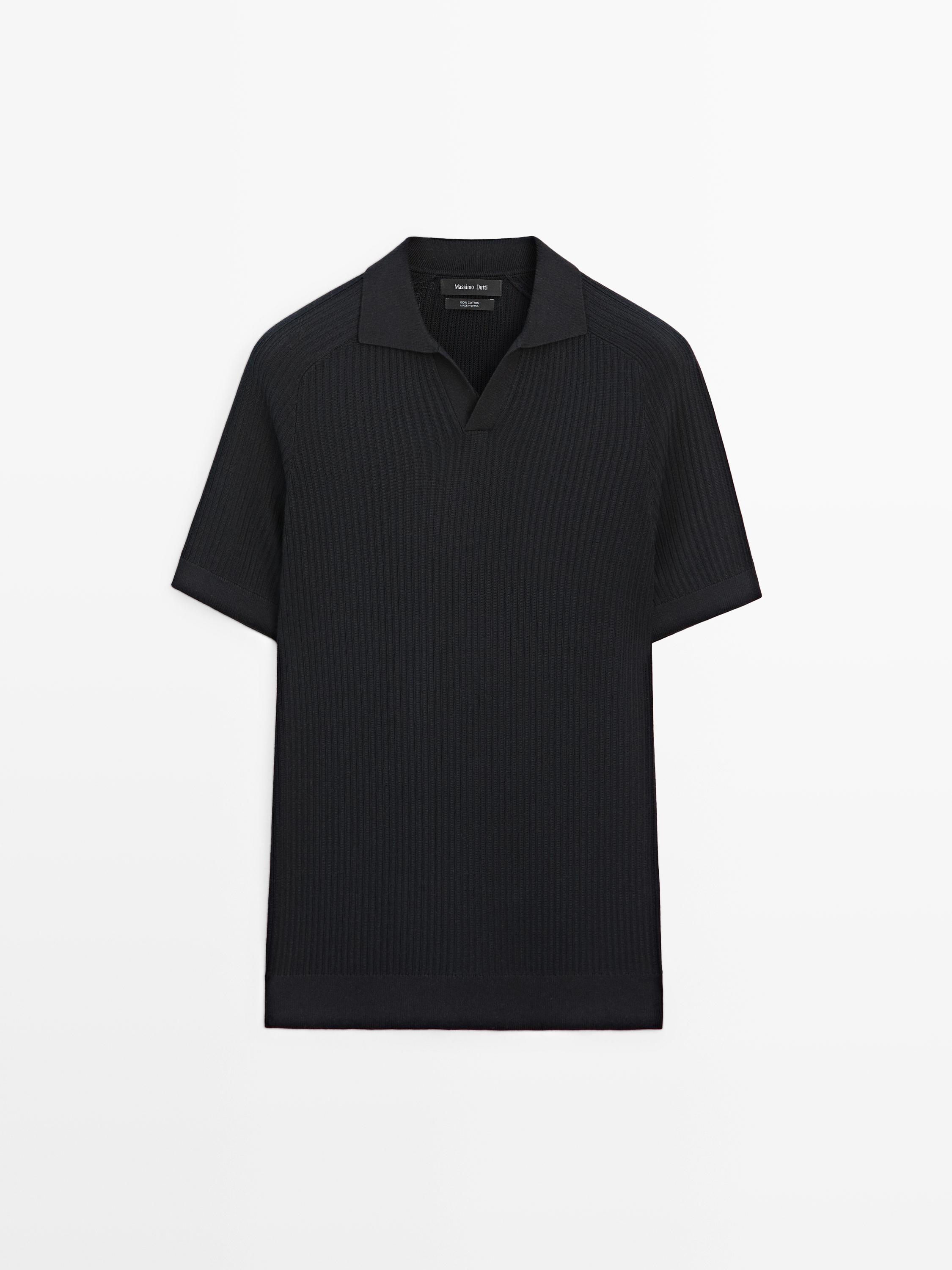 Ribbed knit cotton polo sweater — NAVY BLUE