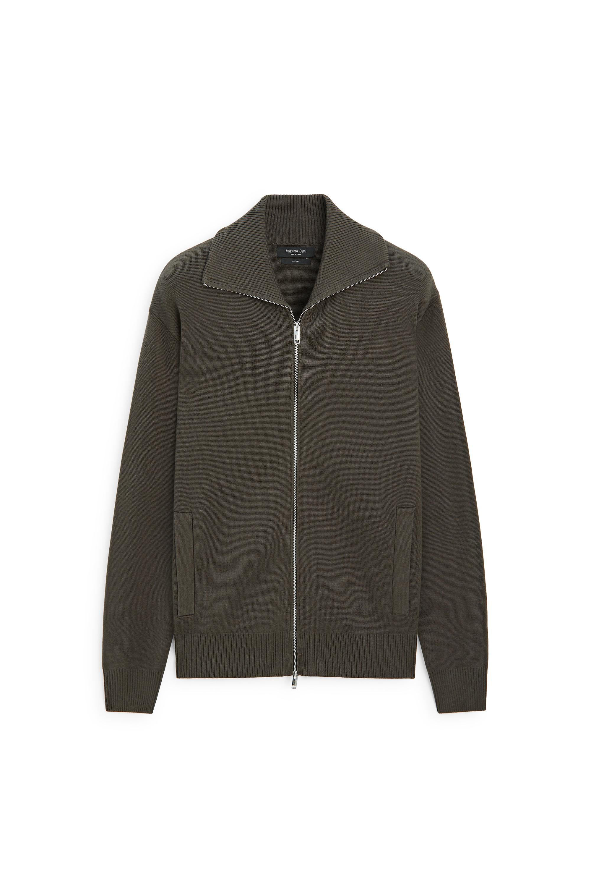 100% cotton zip-up knit cardigan — KHAKI