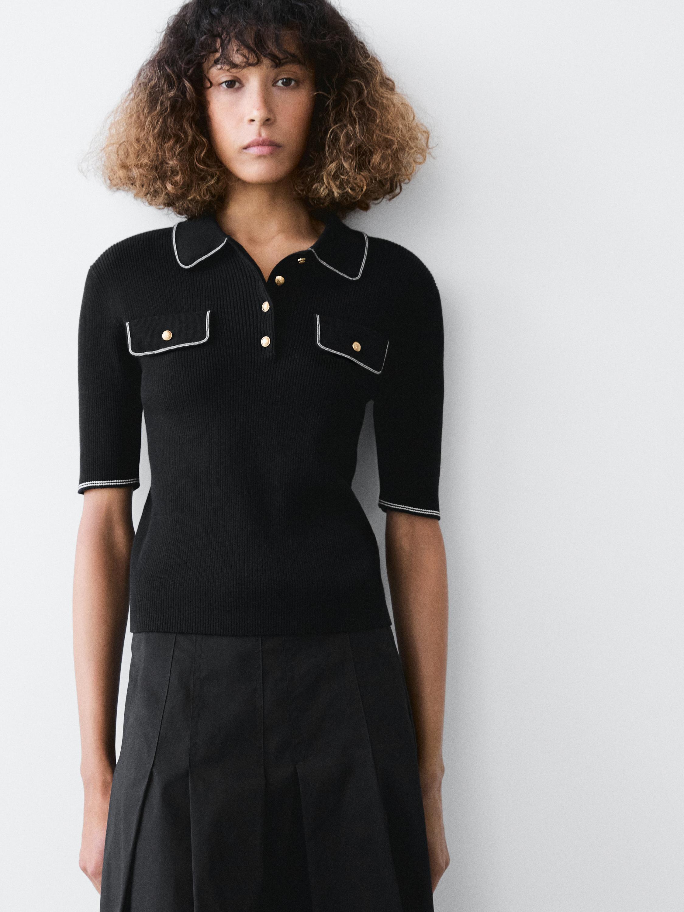 Cotton knit polo shirt with contrast detail — BLACK