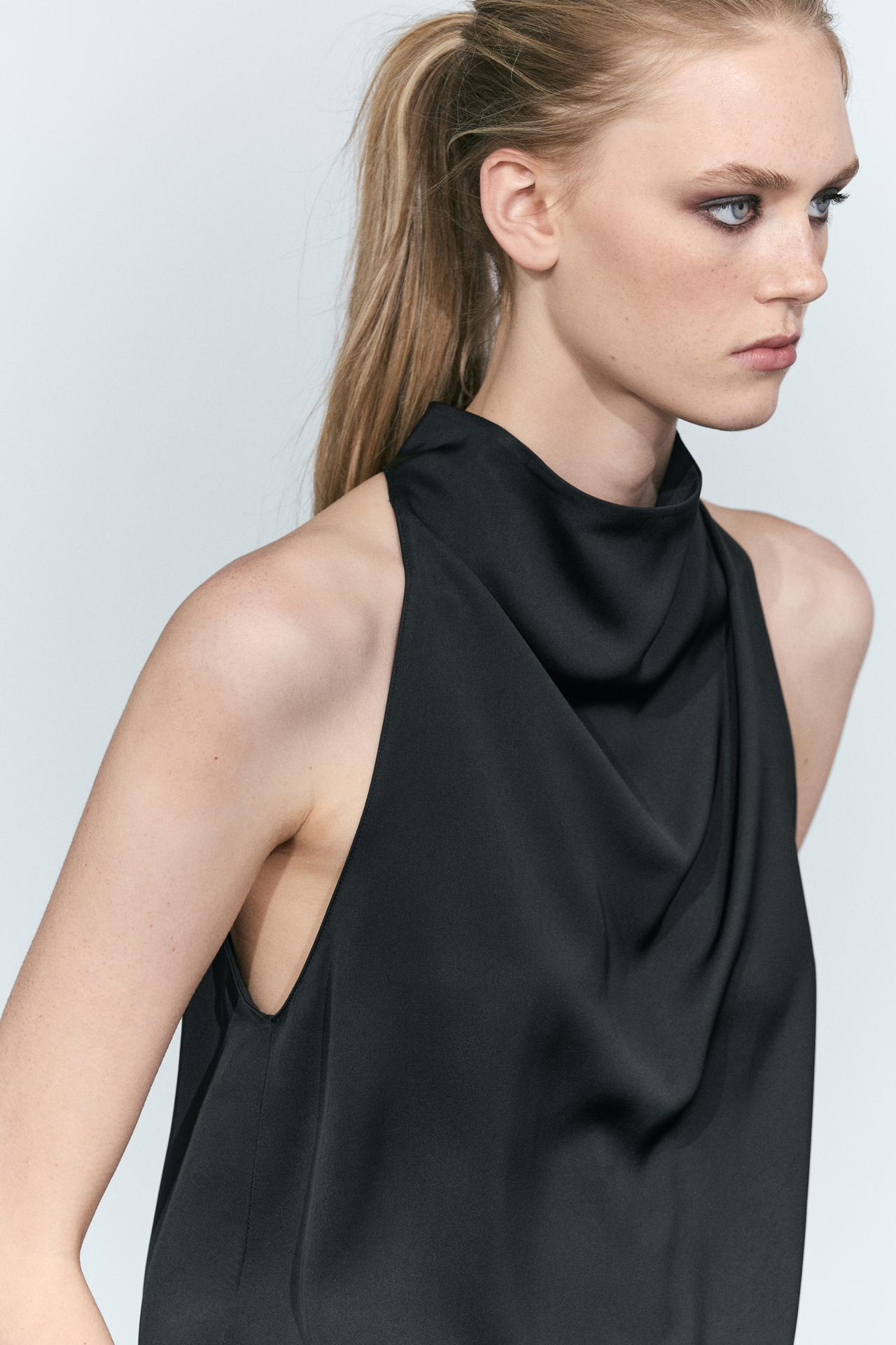 Flowing halter neck top with waistband effect — BLACK