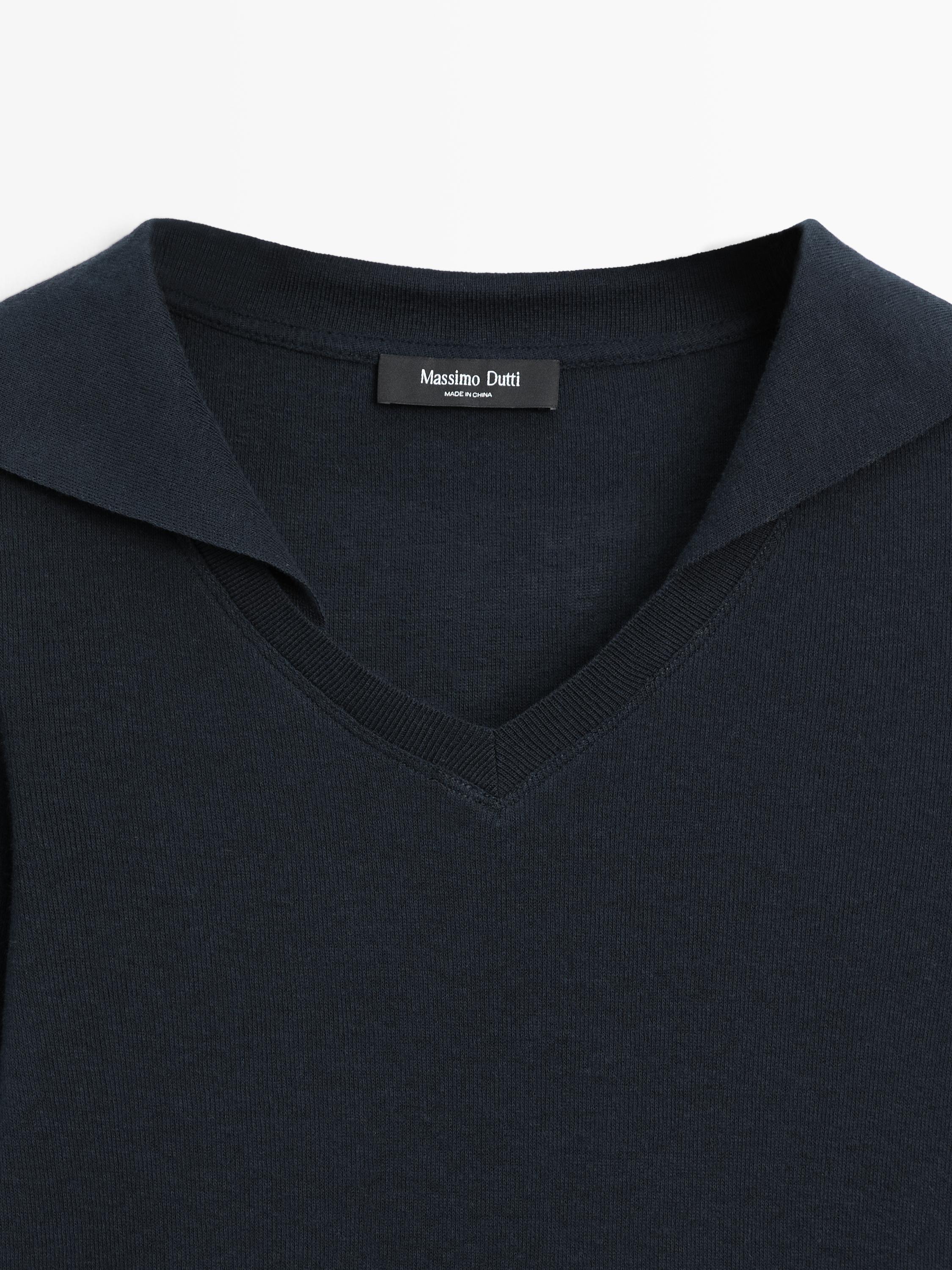 Long sleeve knit V-neck polo shirt — NAVY BLUE