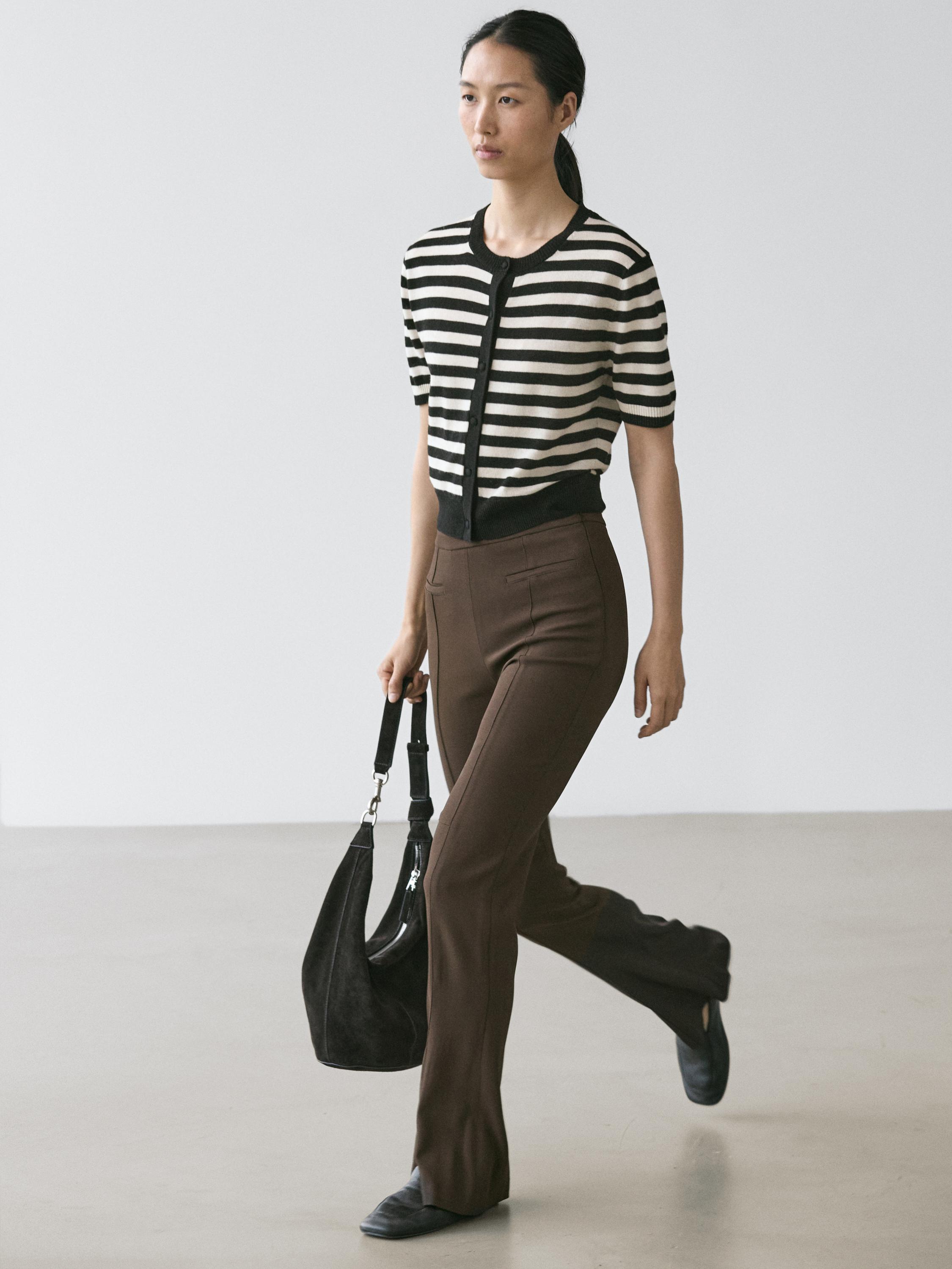 Striped short sleeve knit cardigan — BLACK