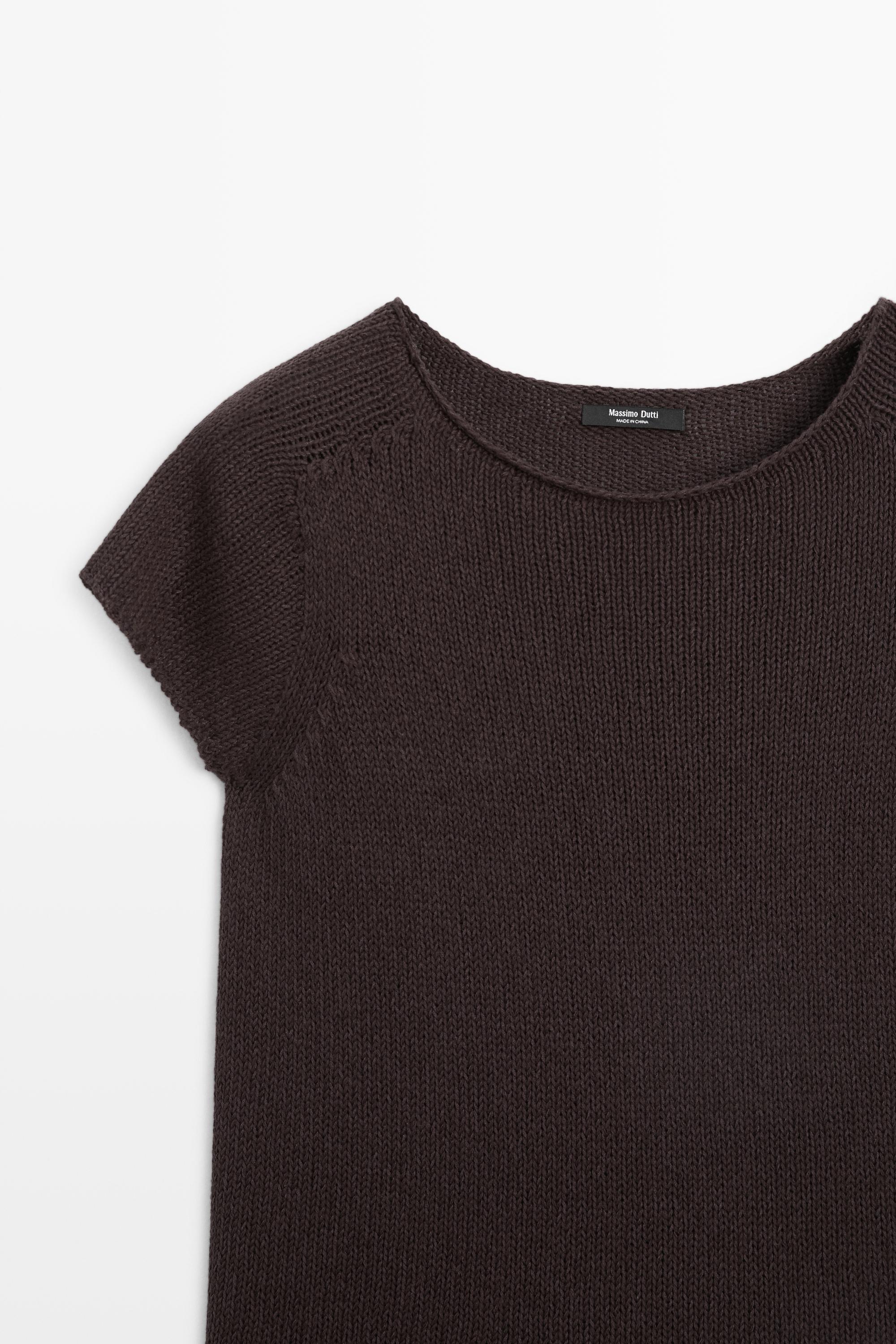 Cotton blend short sleeve knit sweater — Chocolate