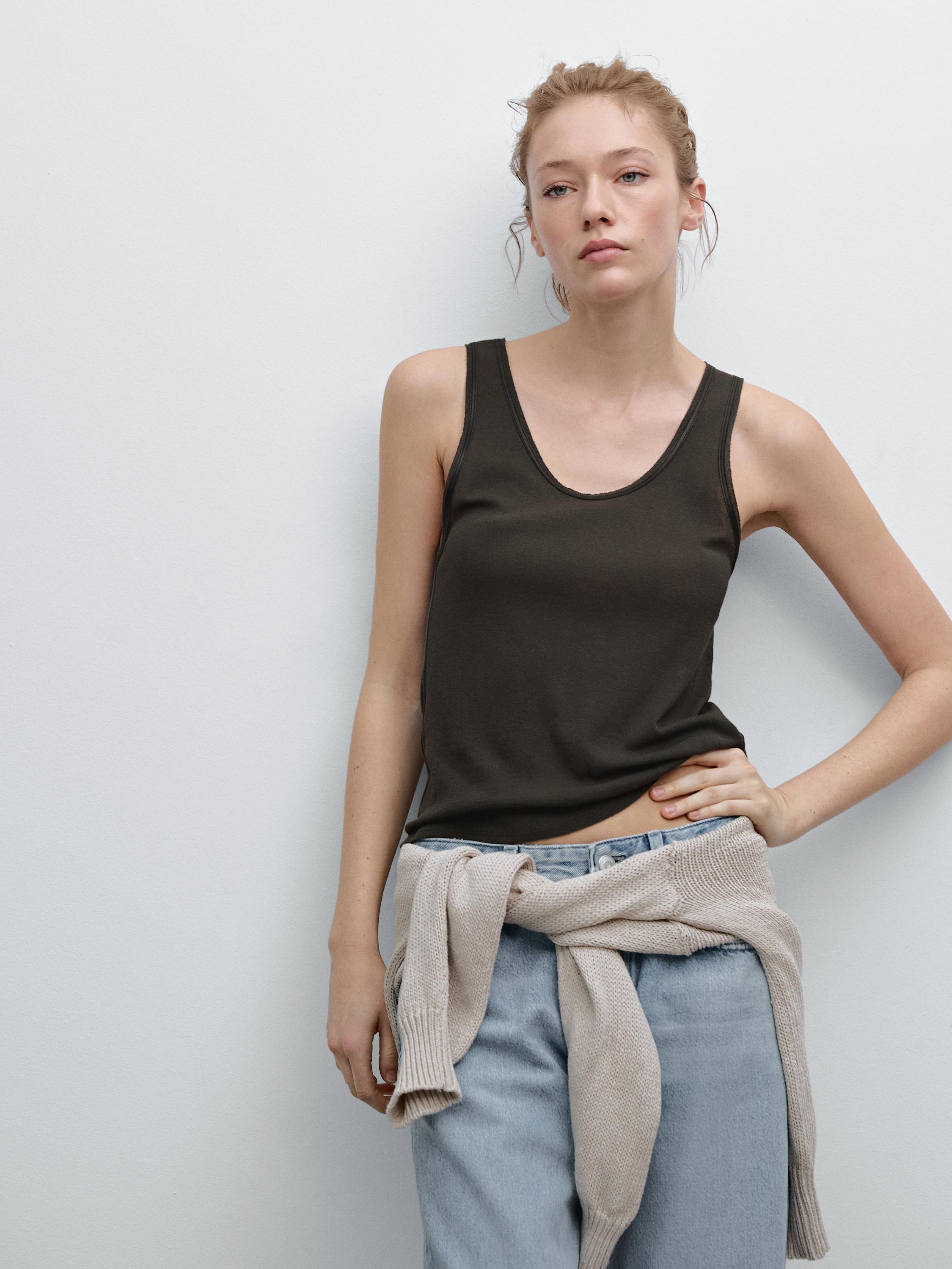 Contrast leather trimmed strappy top