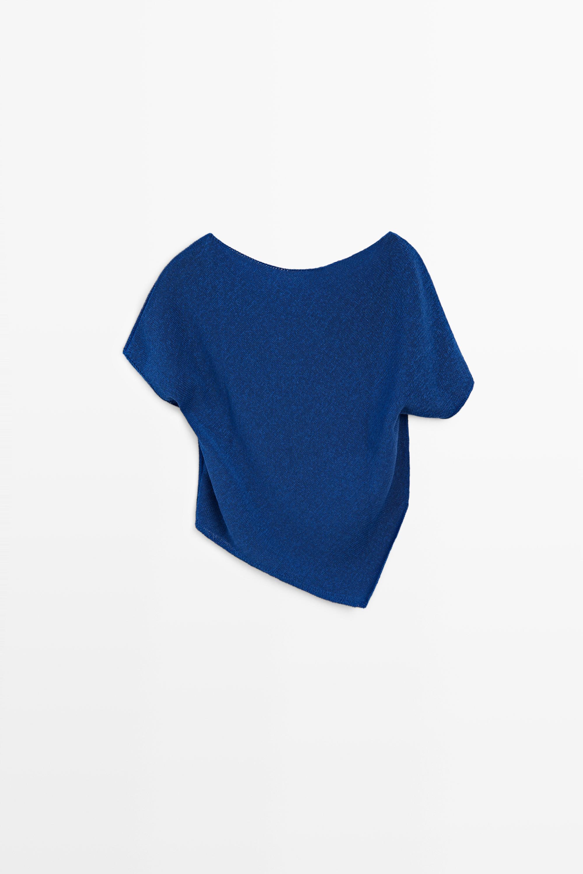 Asymmetric short sleeve linen T-shirt · Deep Blue · Topsâ Andâ