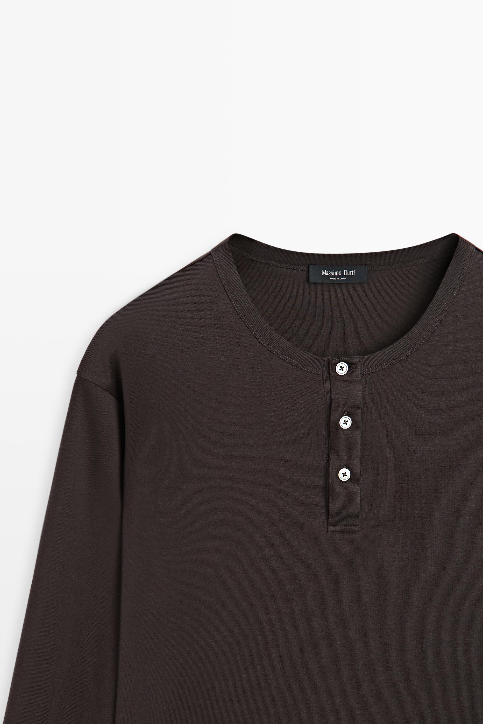 100% cotton long sleeve henley T-shirt — Chocolate