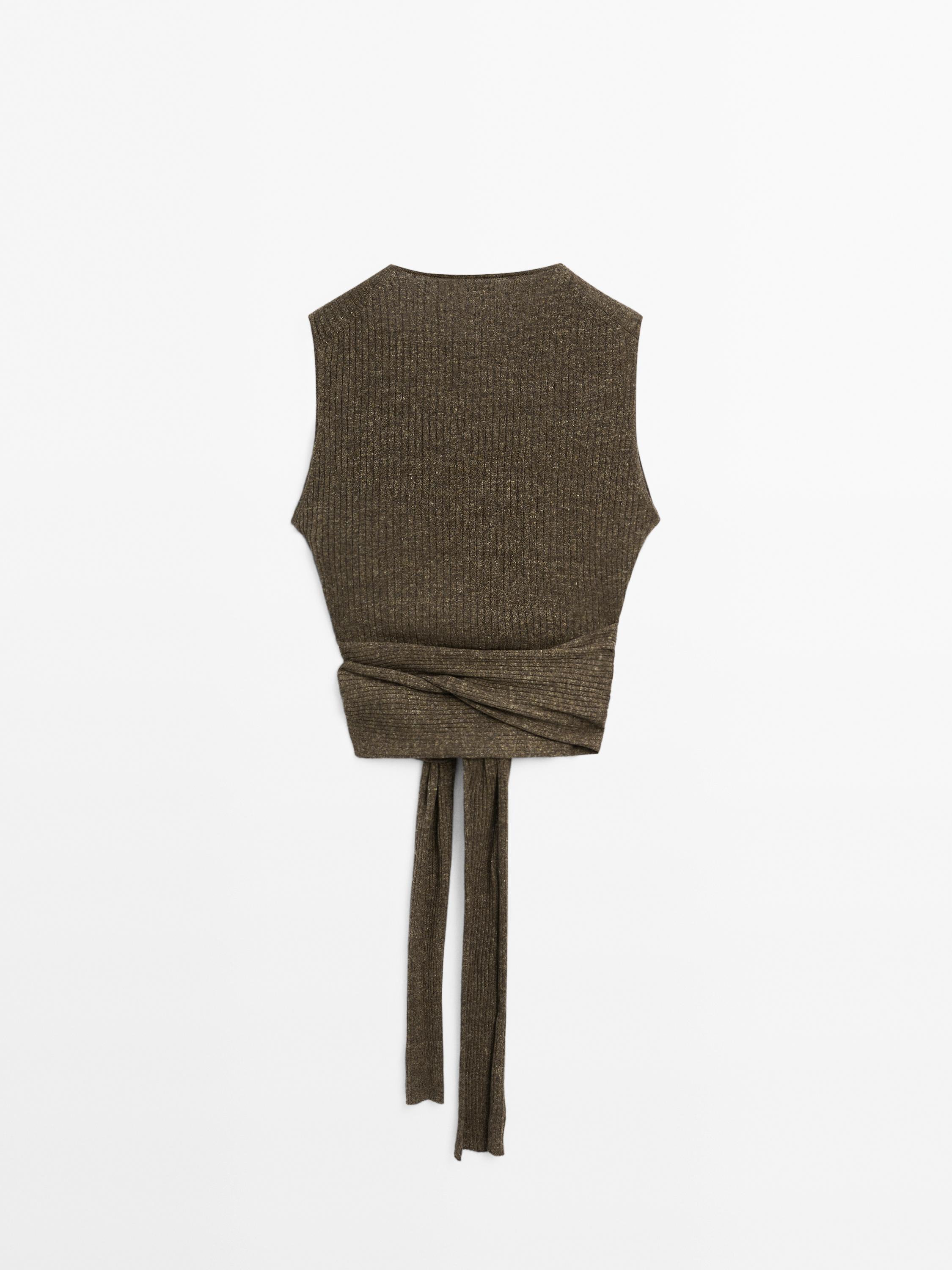 Melange linen blend top with tie detail