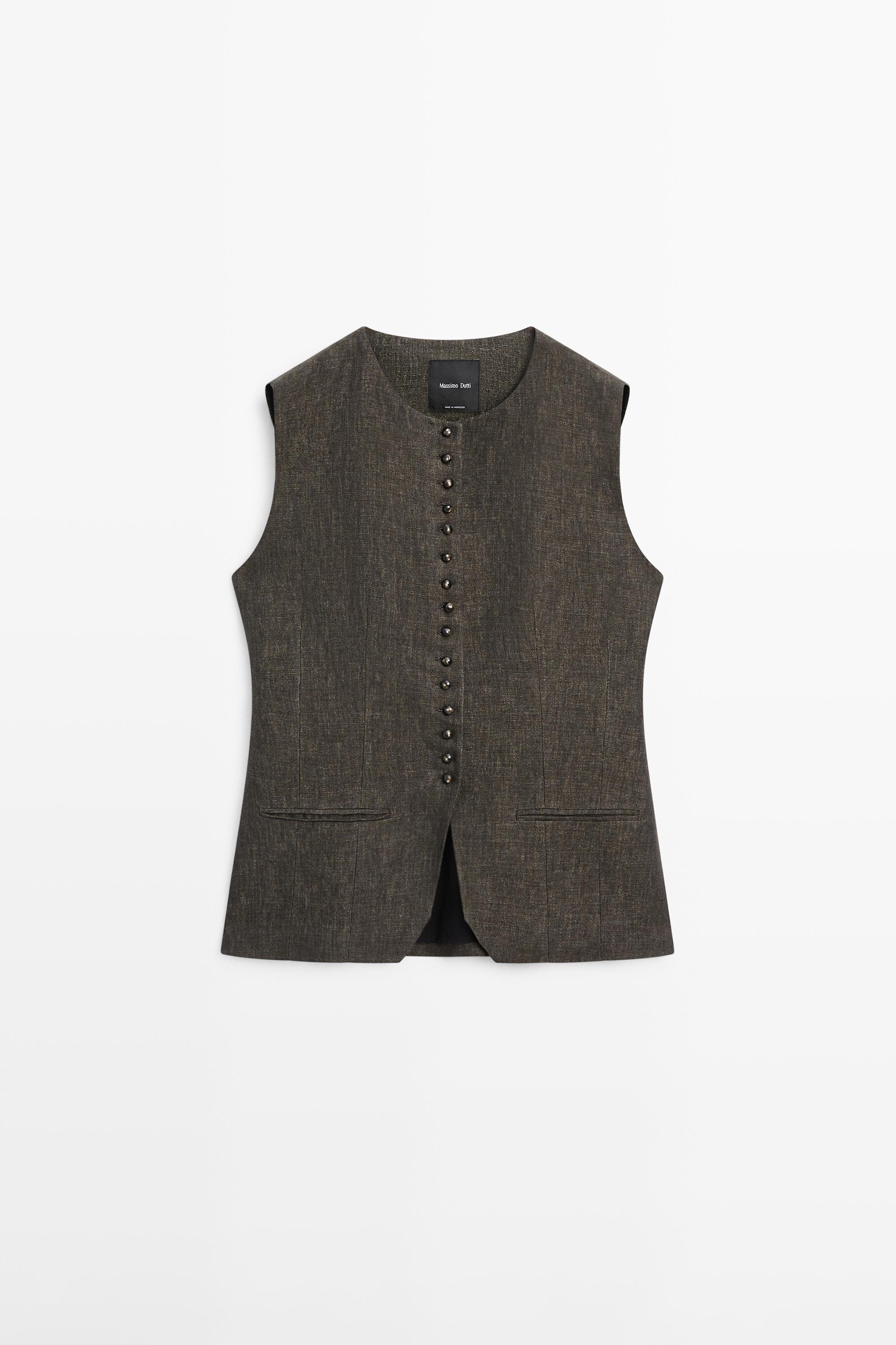 100% linen vest with button detail — Chocolate