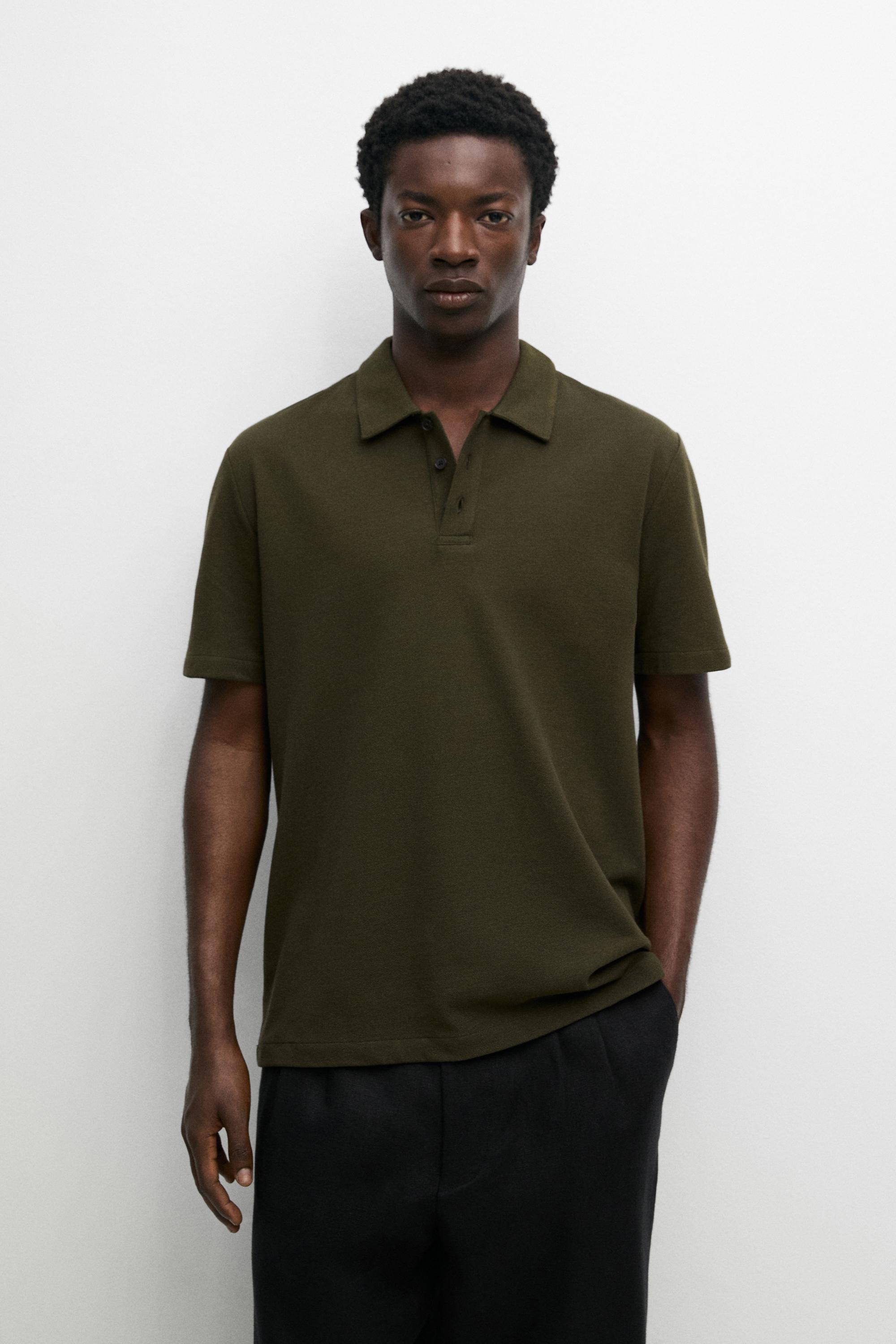 Micro-textured cotton blend polo shirt — DARK OLIVE GREEN