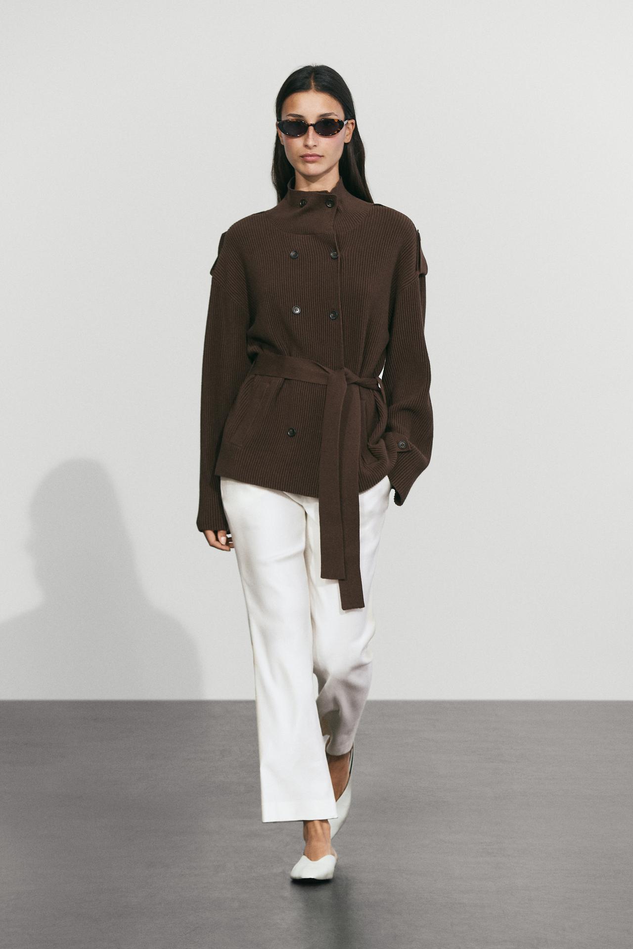 Ribbed knit cardigan with belt — BROWN