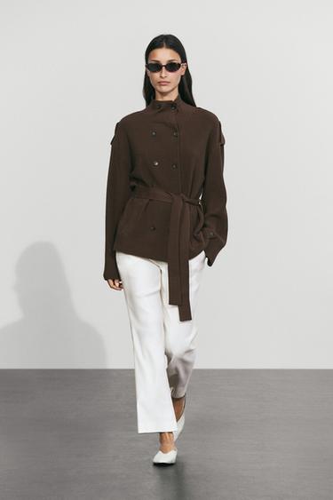 Ribbed knit cardigan with belt — BROWN 1