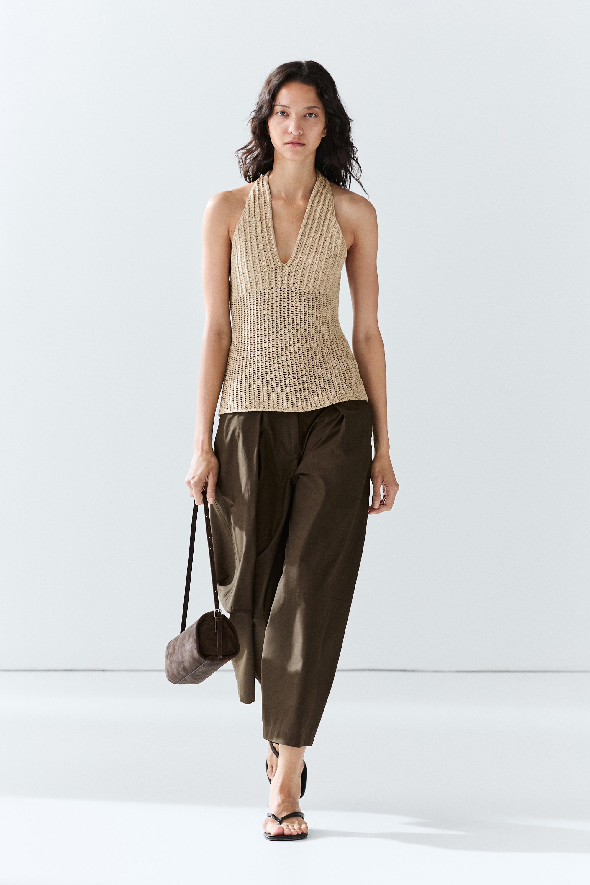 Cotton crochet knit top — BEIGE