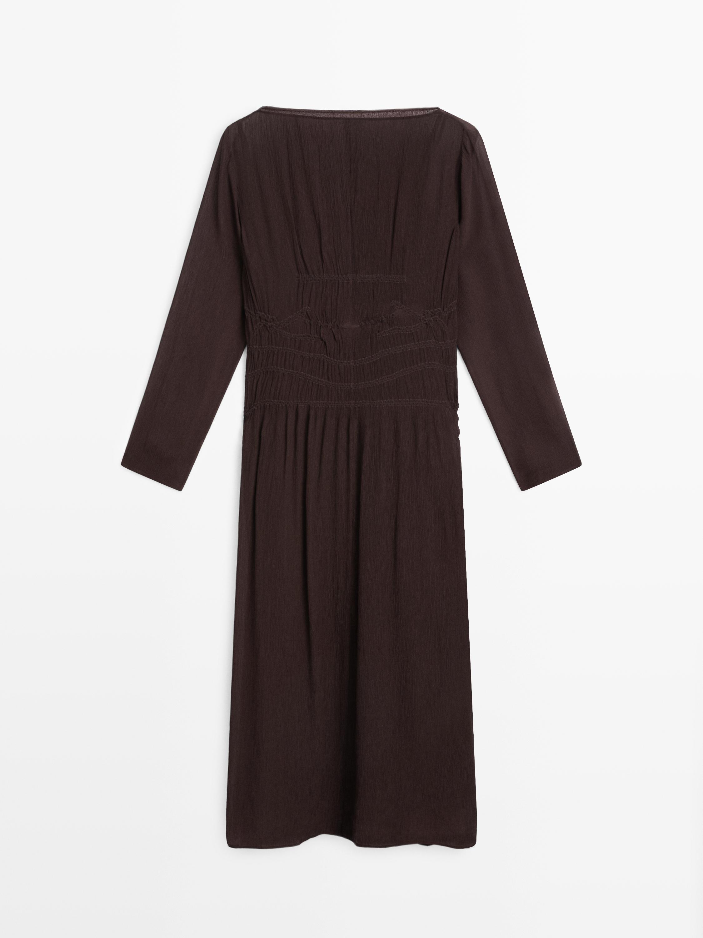 Flowing midi dress with gathered detail — BROWN
