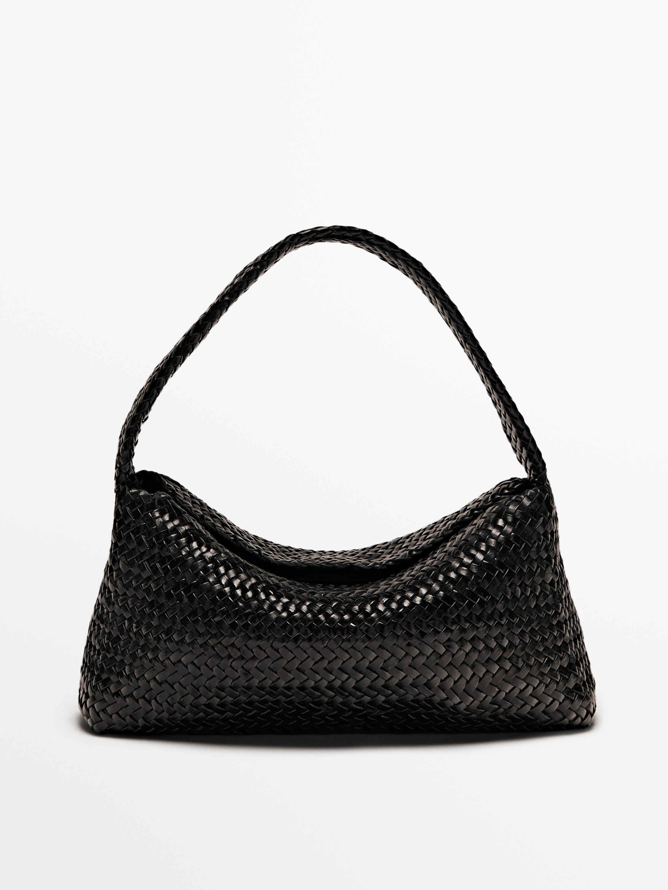 Nappa leather woven croissant bag Black White Accessories Massimo Dutti