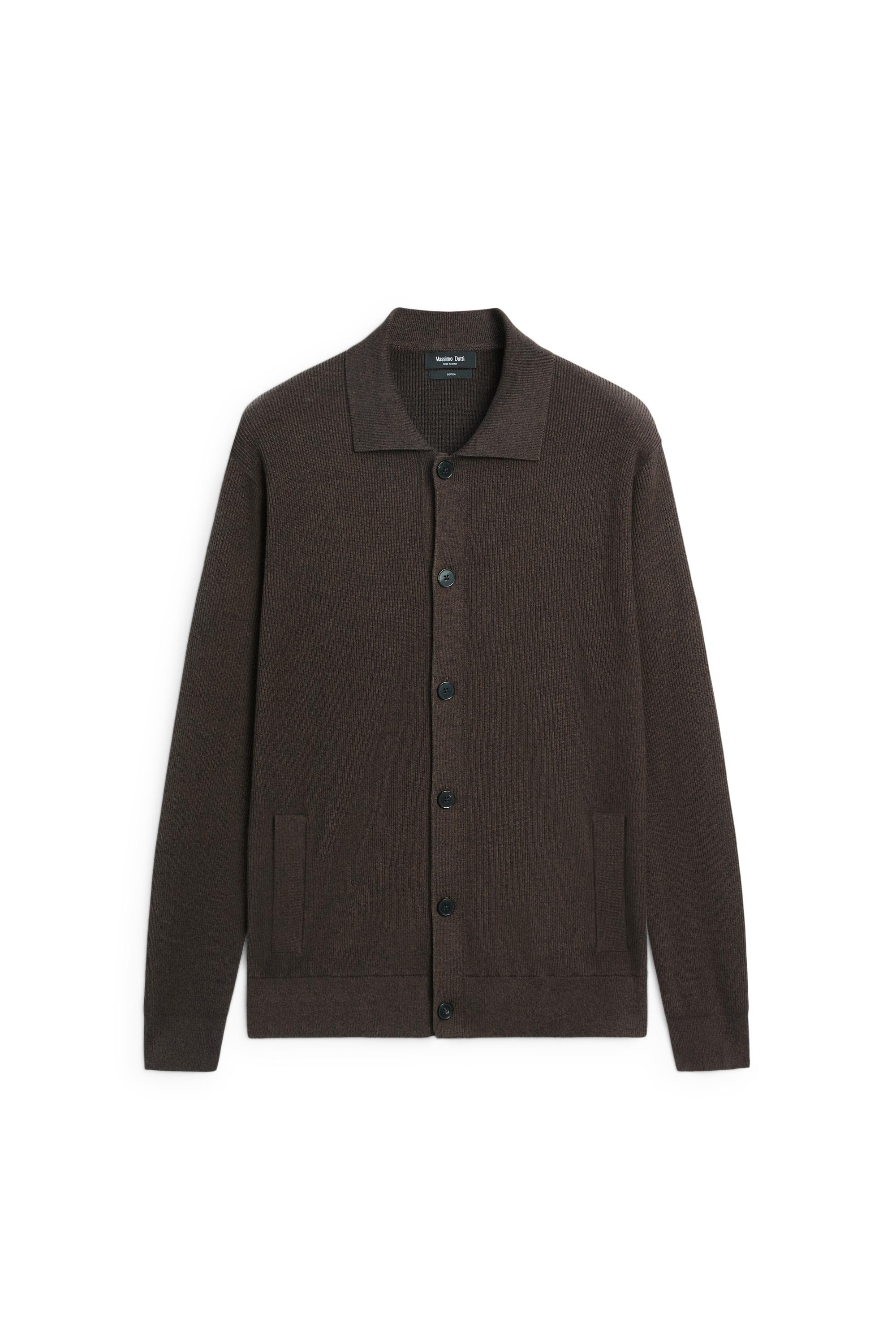 100% cotton polo collar knit cardigan — BROWN