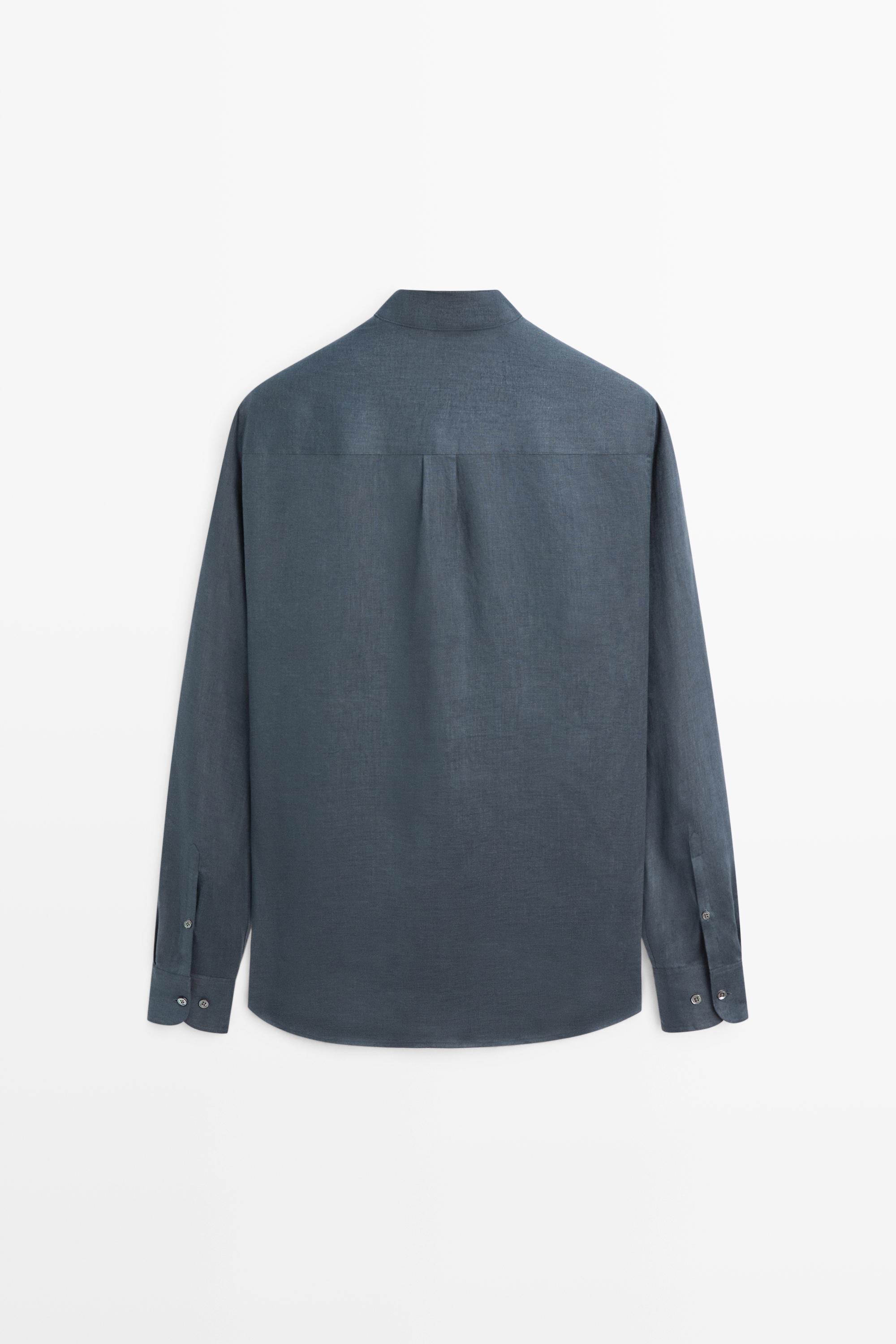 Regular fit stand collar 100% linen shirt — PETROLEUM