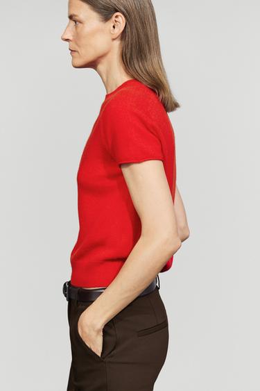 100% cashmere short sleeve knit sweater — RED 5