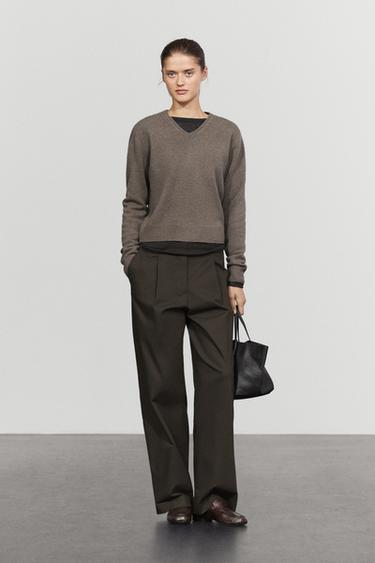 100% wool V-neck knit sweater — MOLE BROWN 8