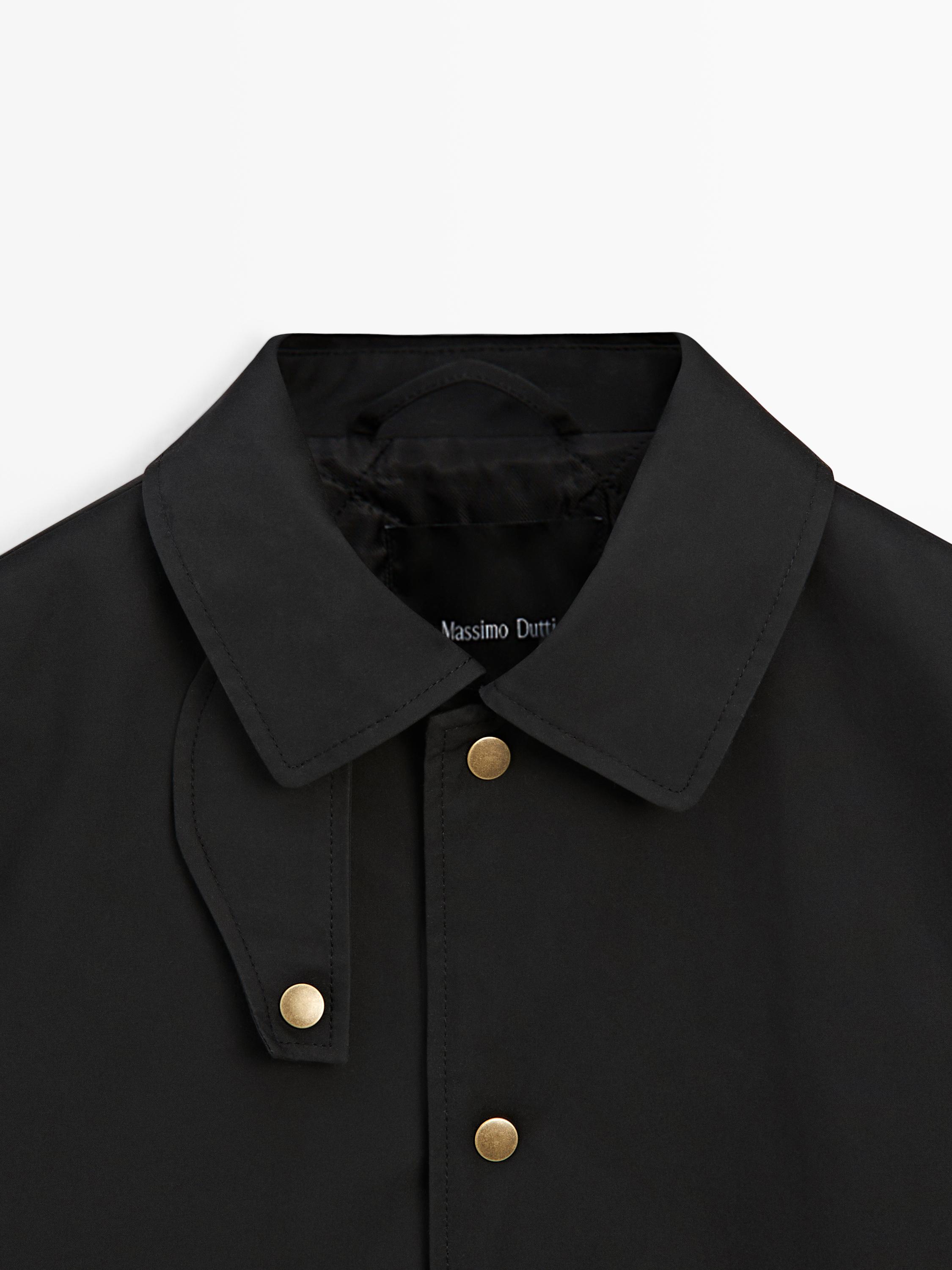 Long cotton parka with collar detail — BLACK