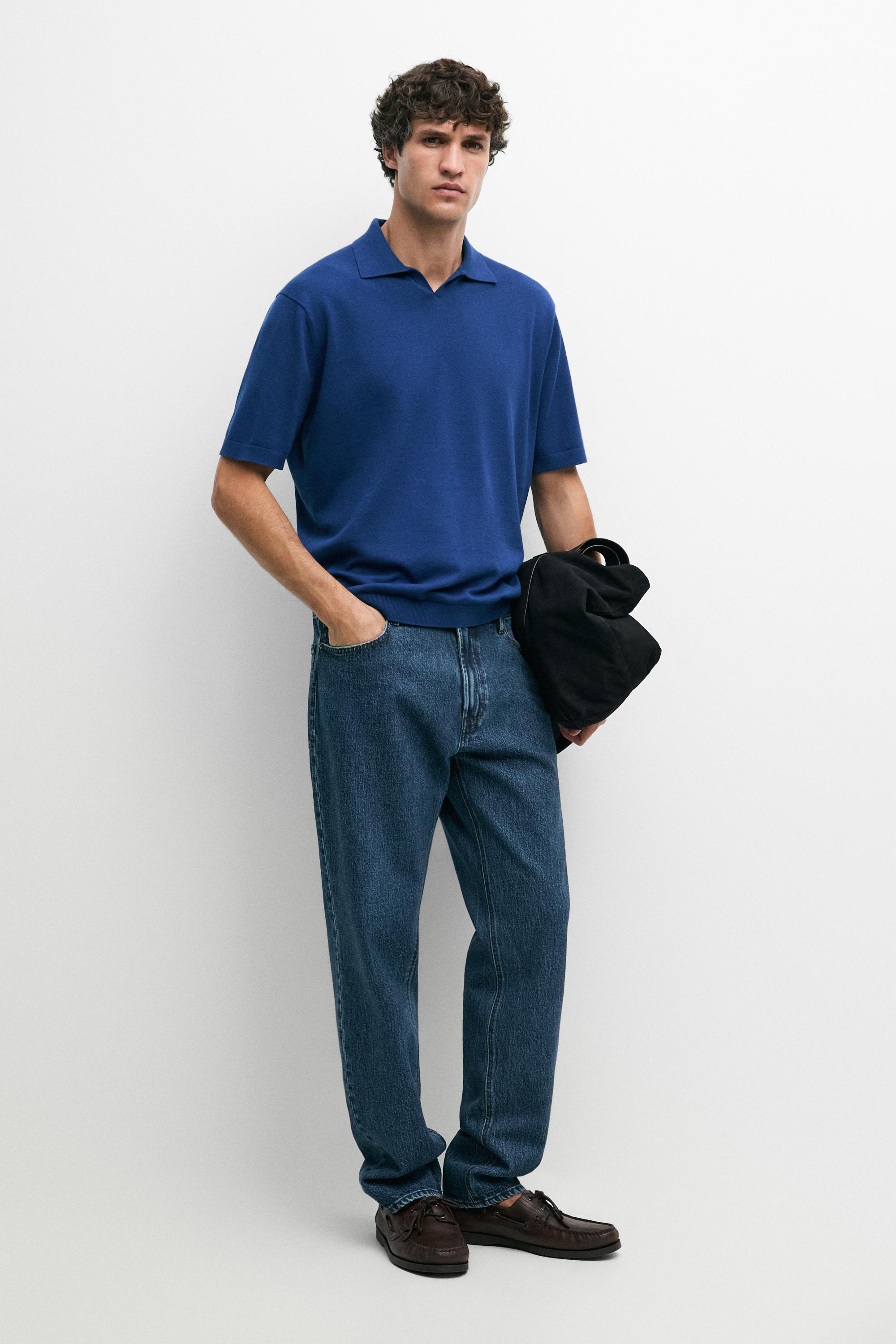 100% cotton V-neck knit polo — Electric blue