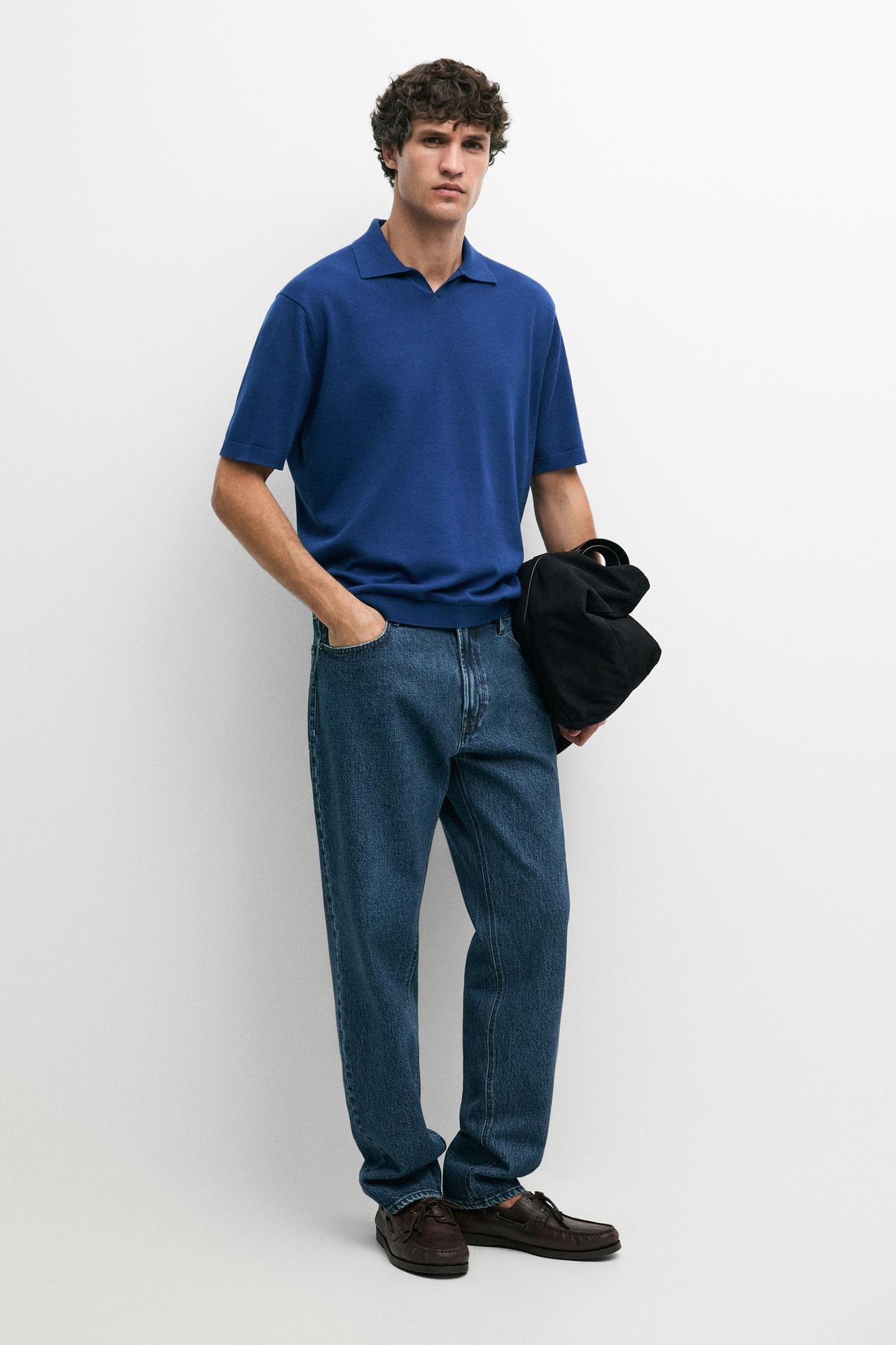 100% cotton V-neck knit polo — Electric blue