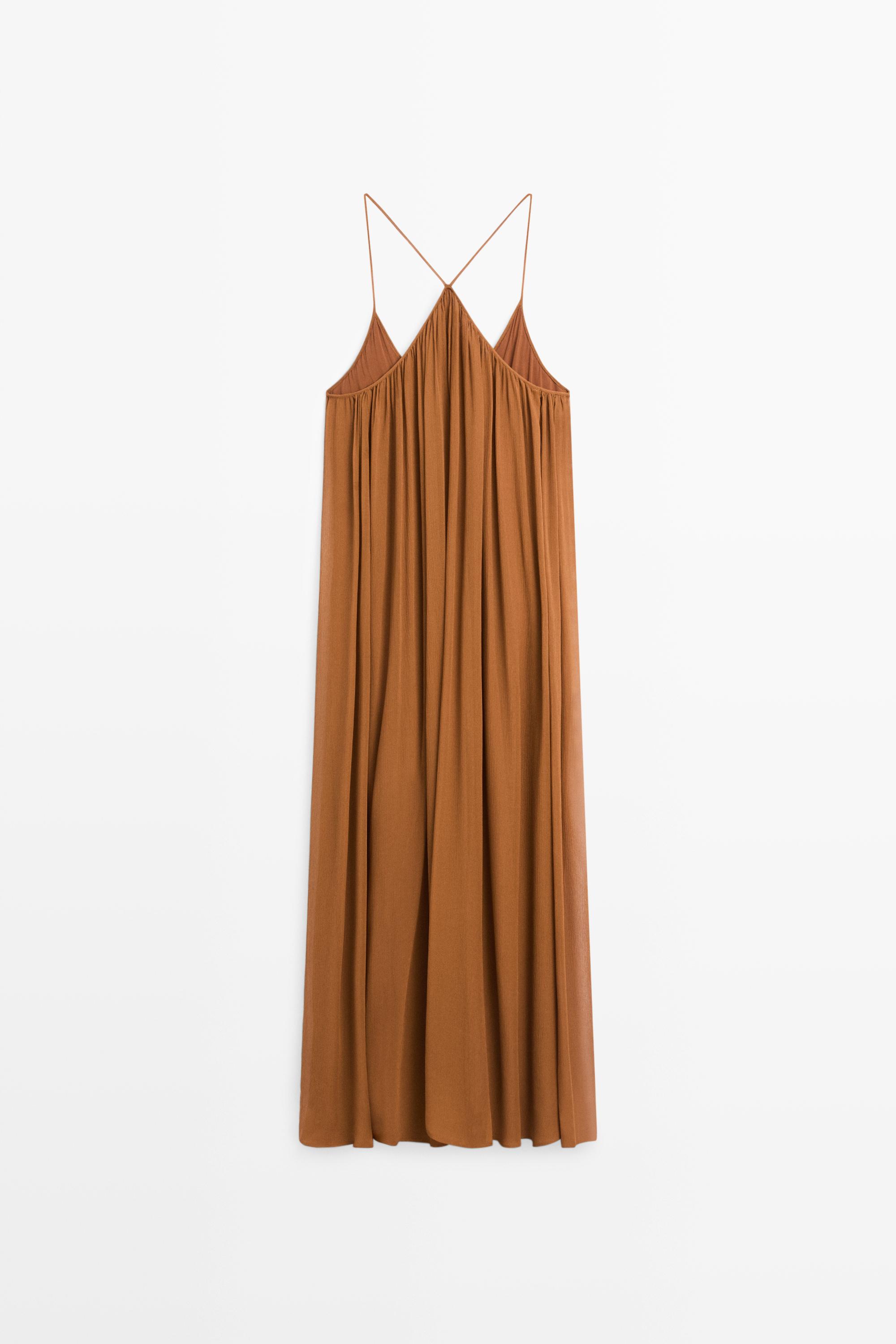 100% silk gathered midi dress  Mole Brown  Dress | Massimo Dutti