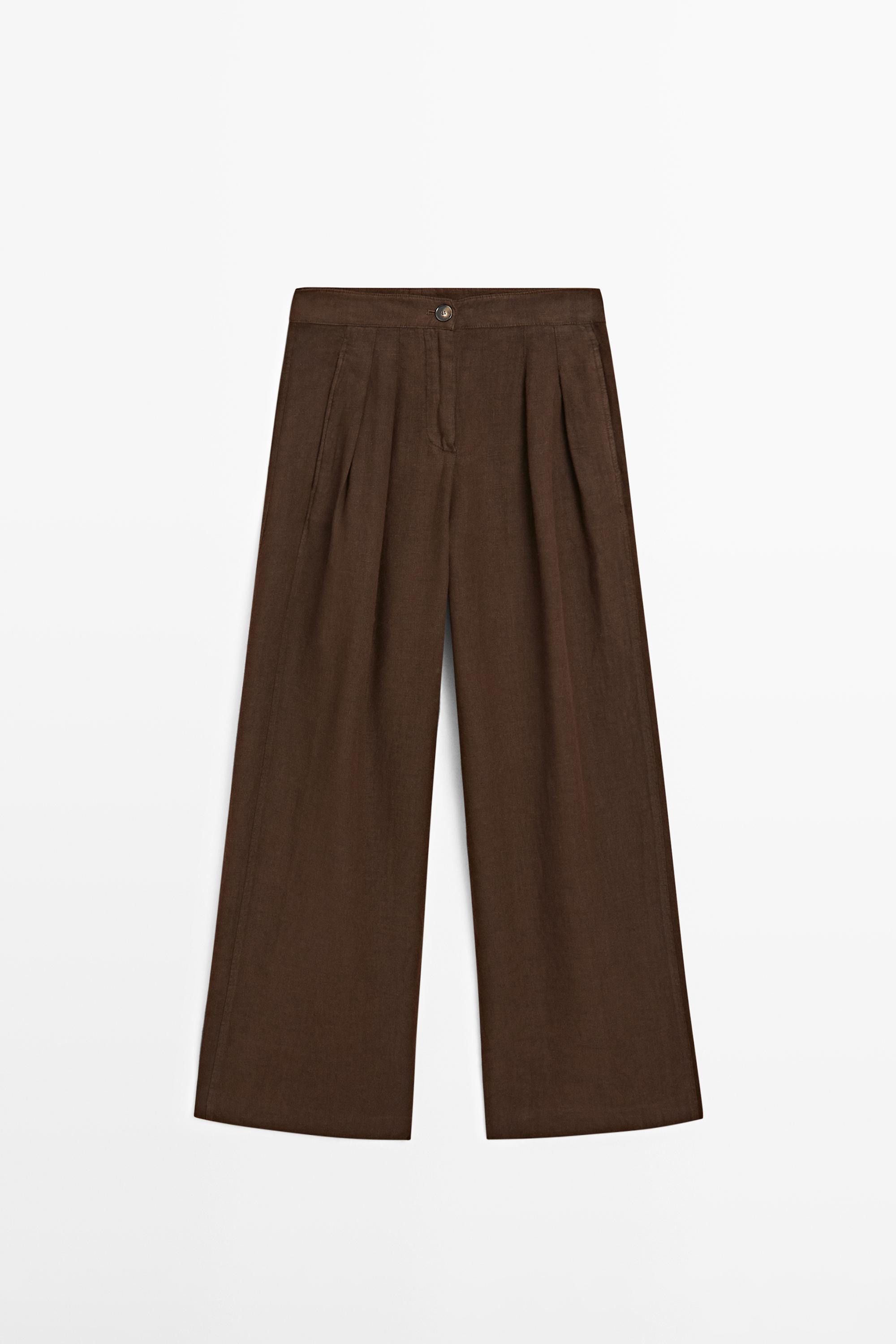100% linen wide-leg pleated trousers — BROWN