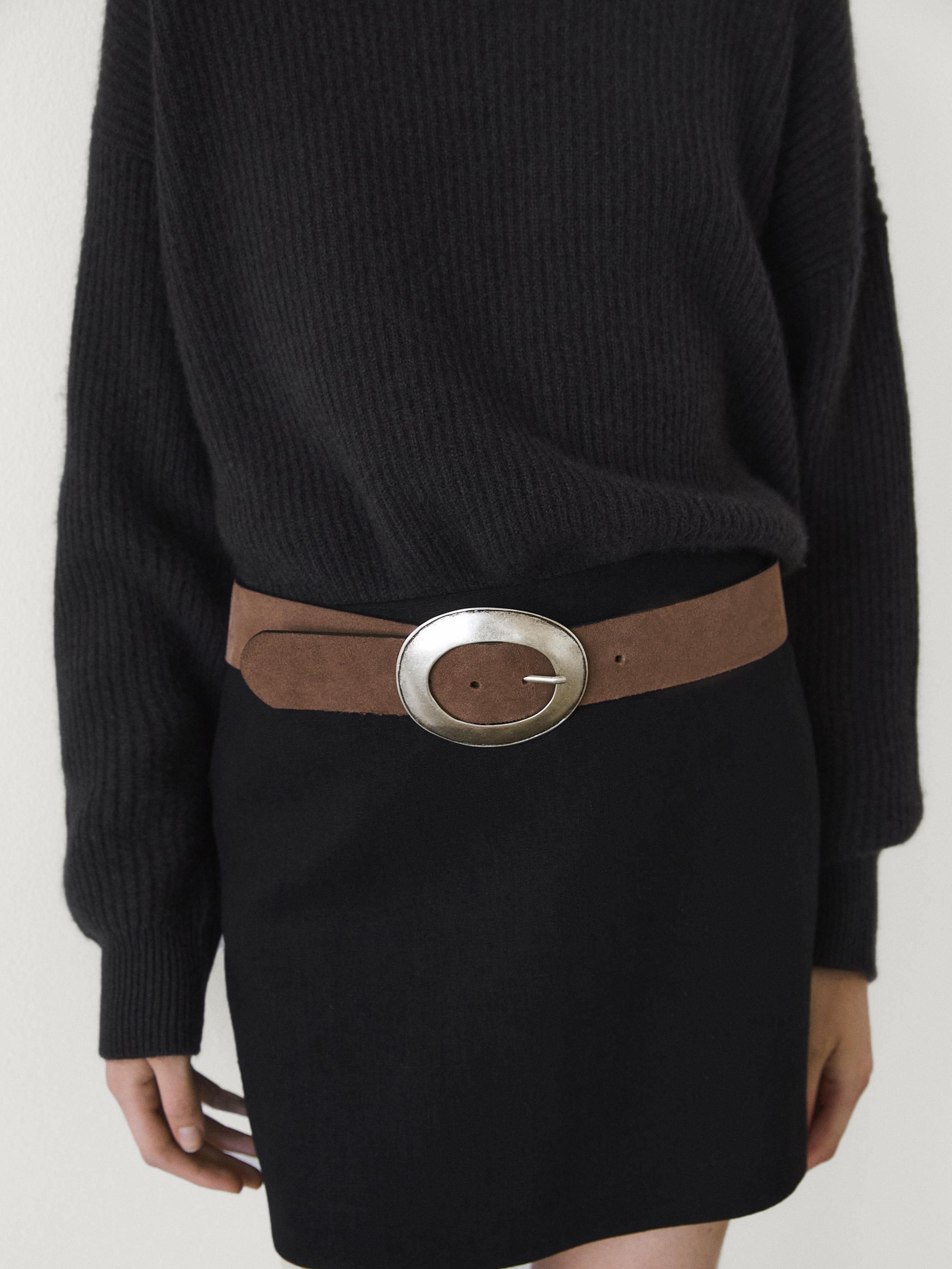 Split leather belt with oval buckle