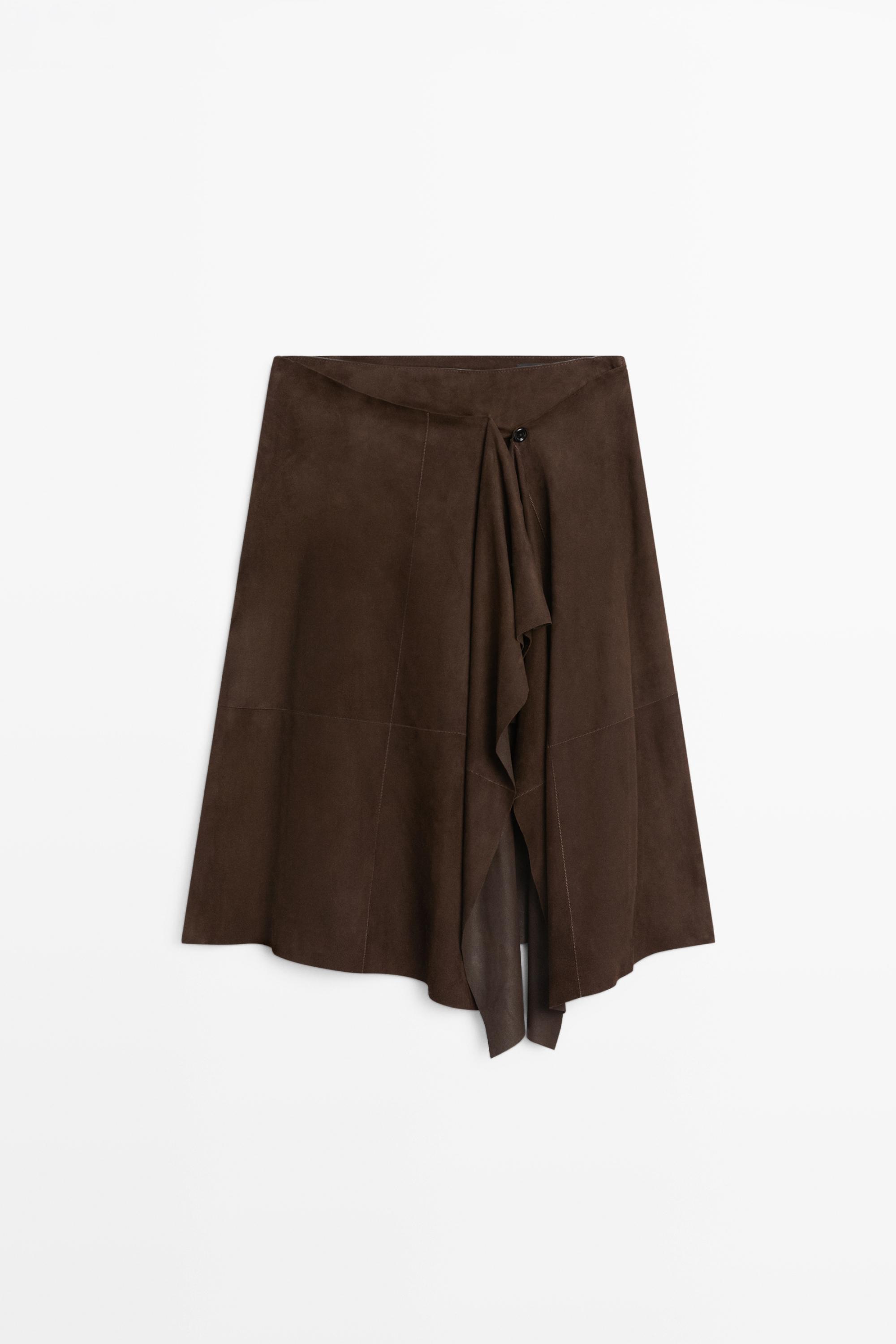 Suede leather midi skirt with ruffle detail — BROWN