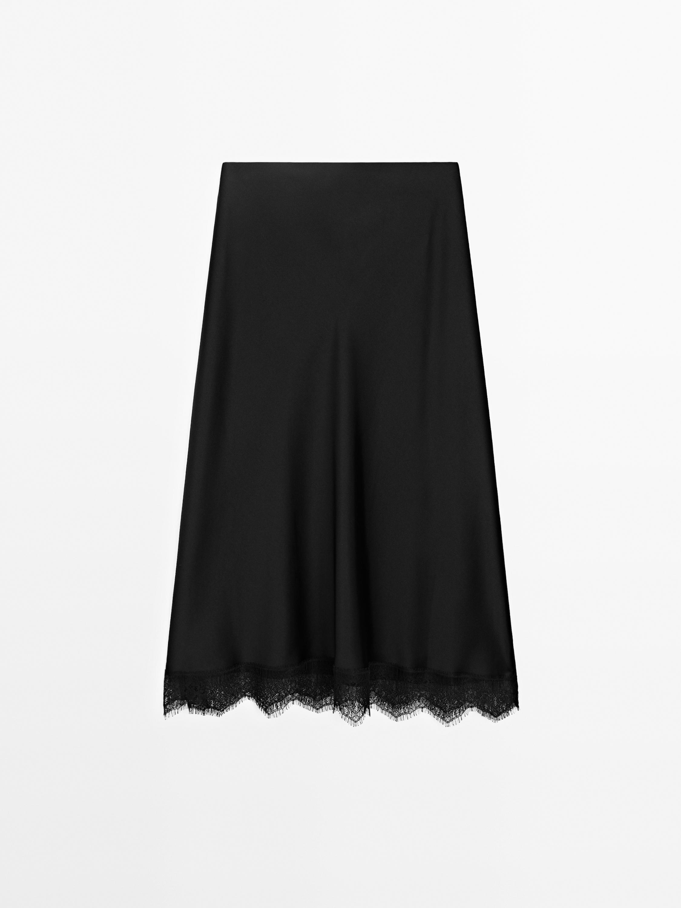 Satin midi skirt with lace detail