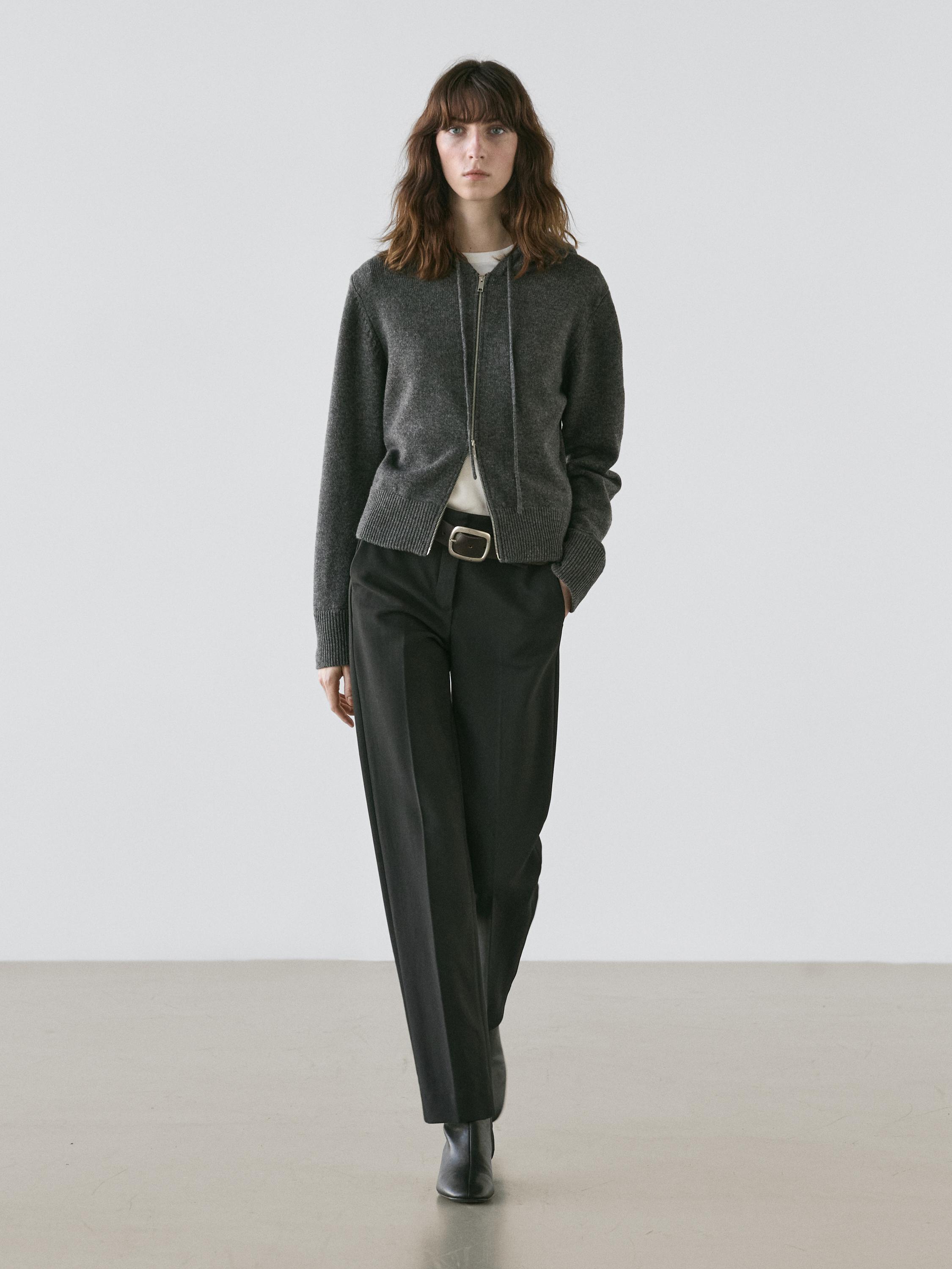 羊毛混紡拉鍊連帽開襟衫