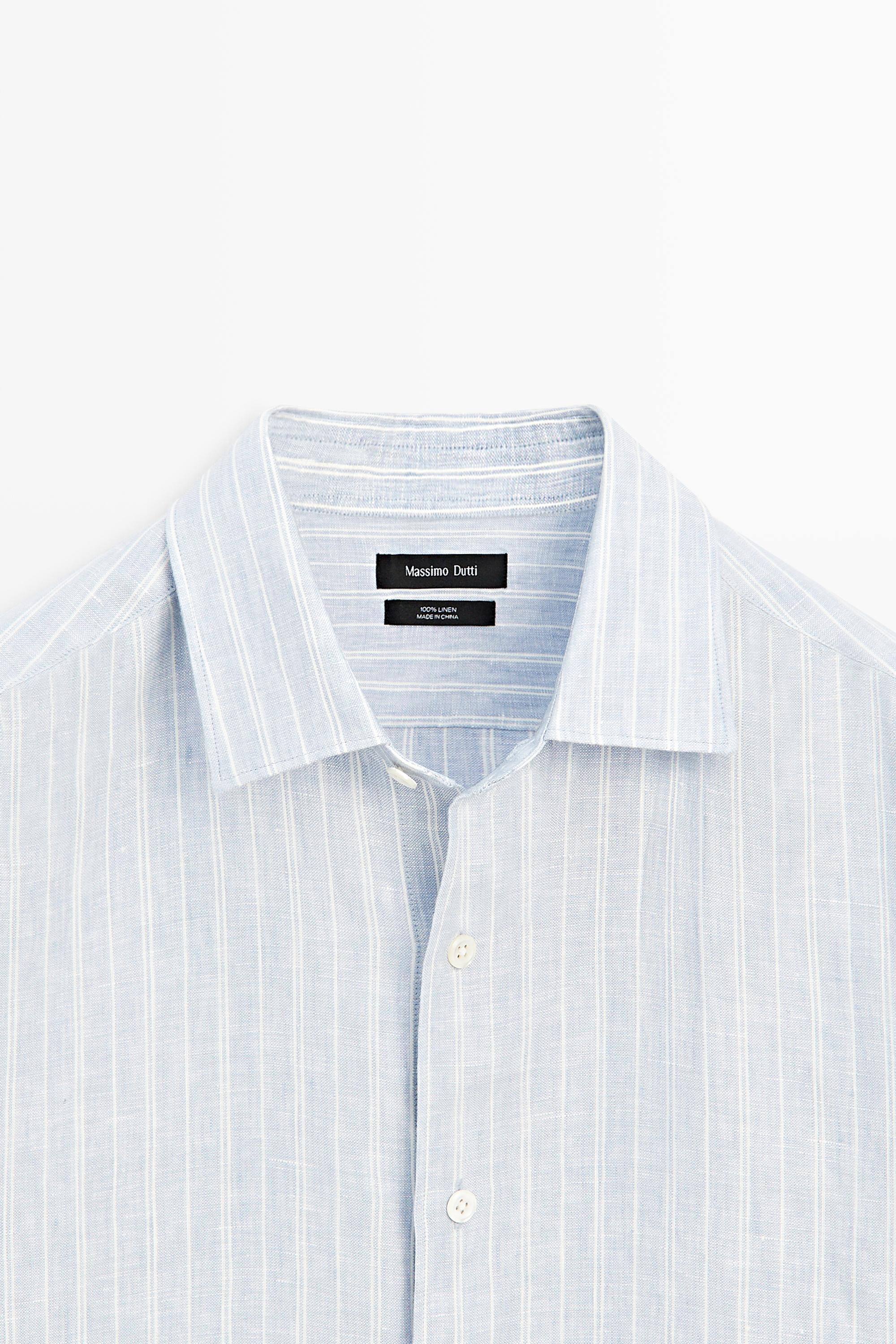 100% linen regular fit faded striped shirt — BLUE