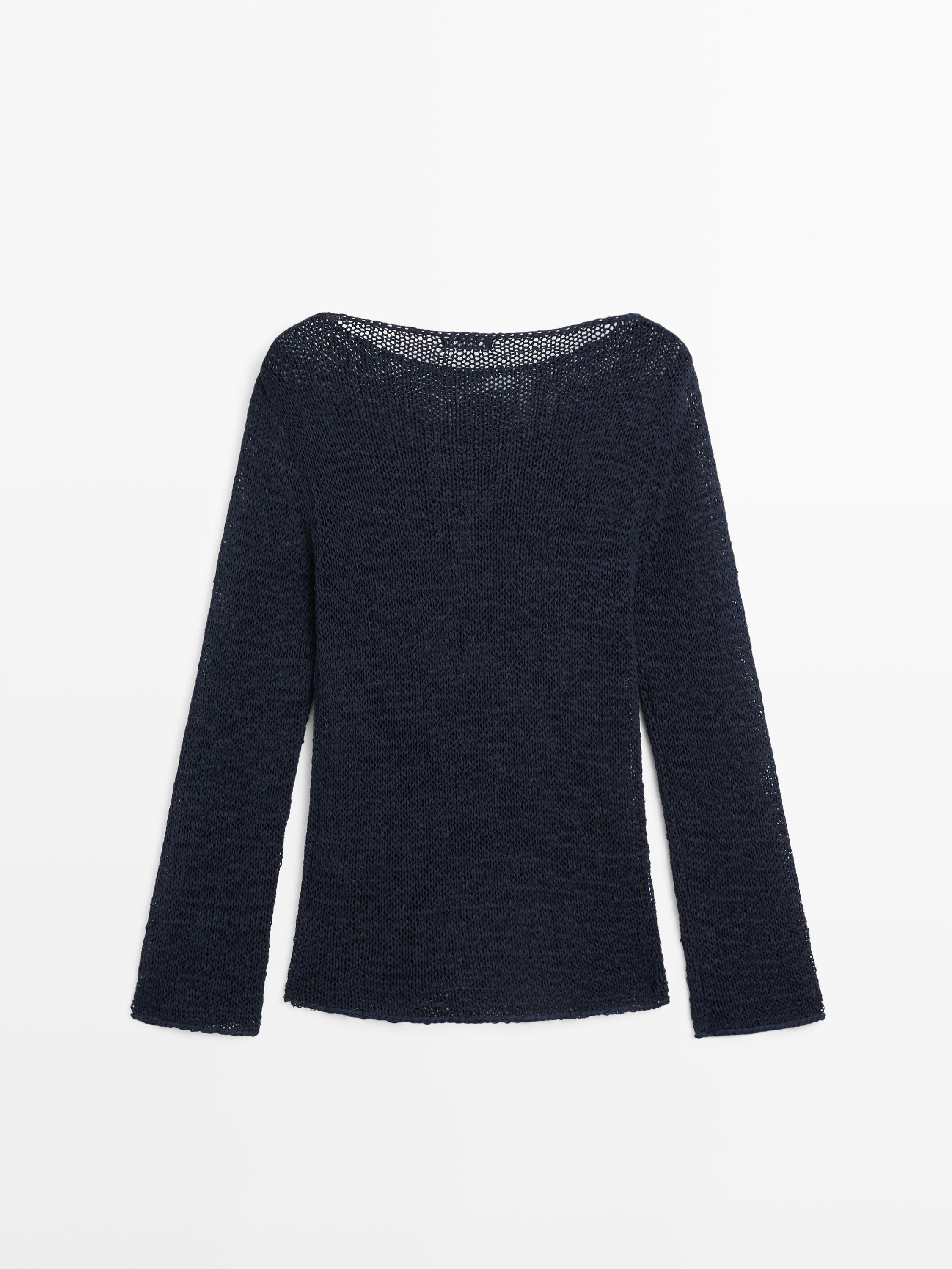Cotton blend knit boat neck sweater — Dark Blue