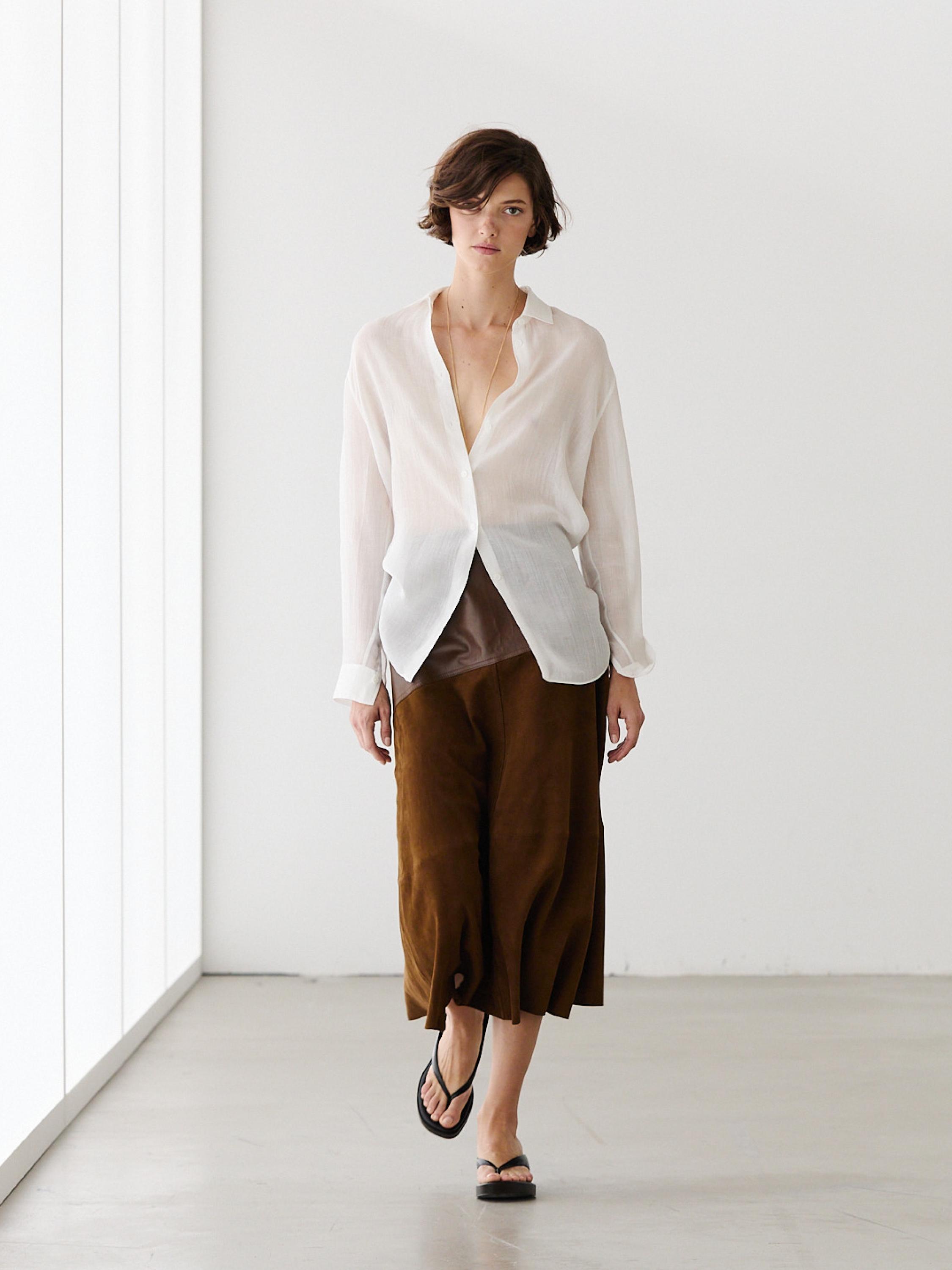 Suede nappa leather skirt with asymmetric yoke — BROWN