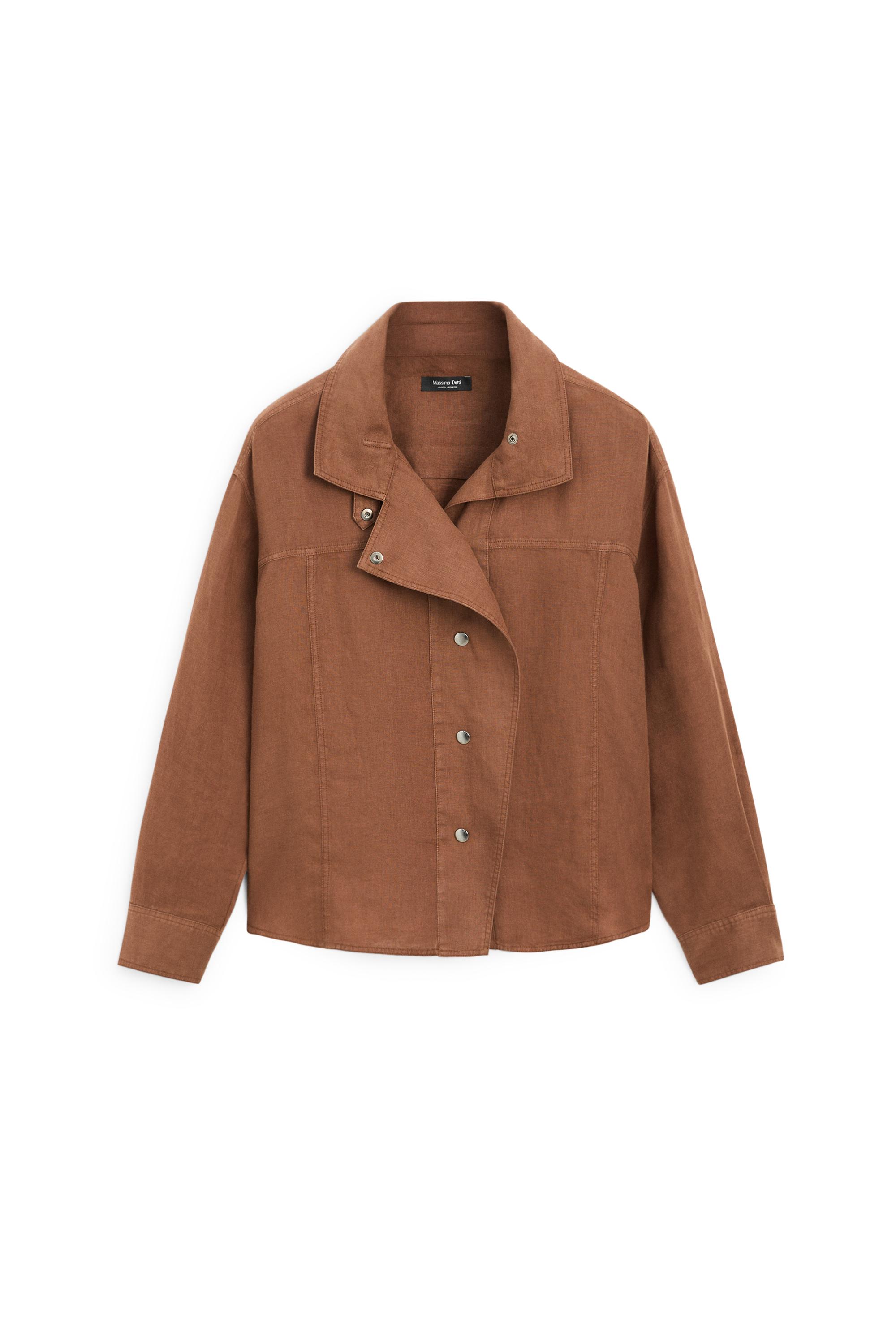 100% linen snap-button shirt — BROWN