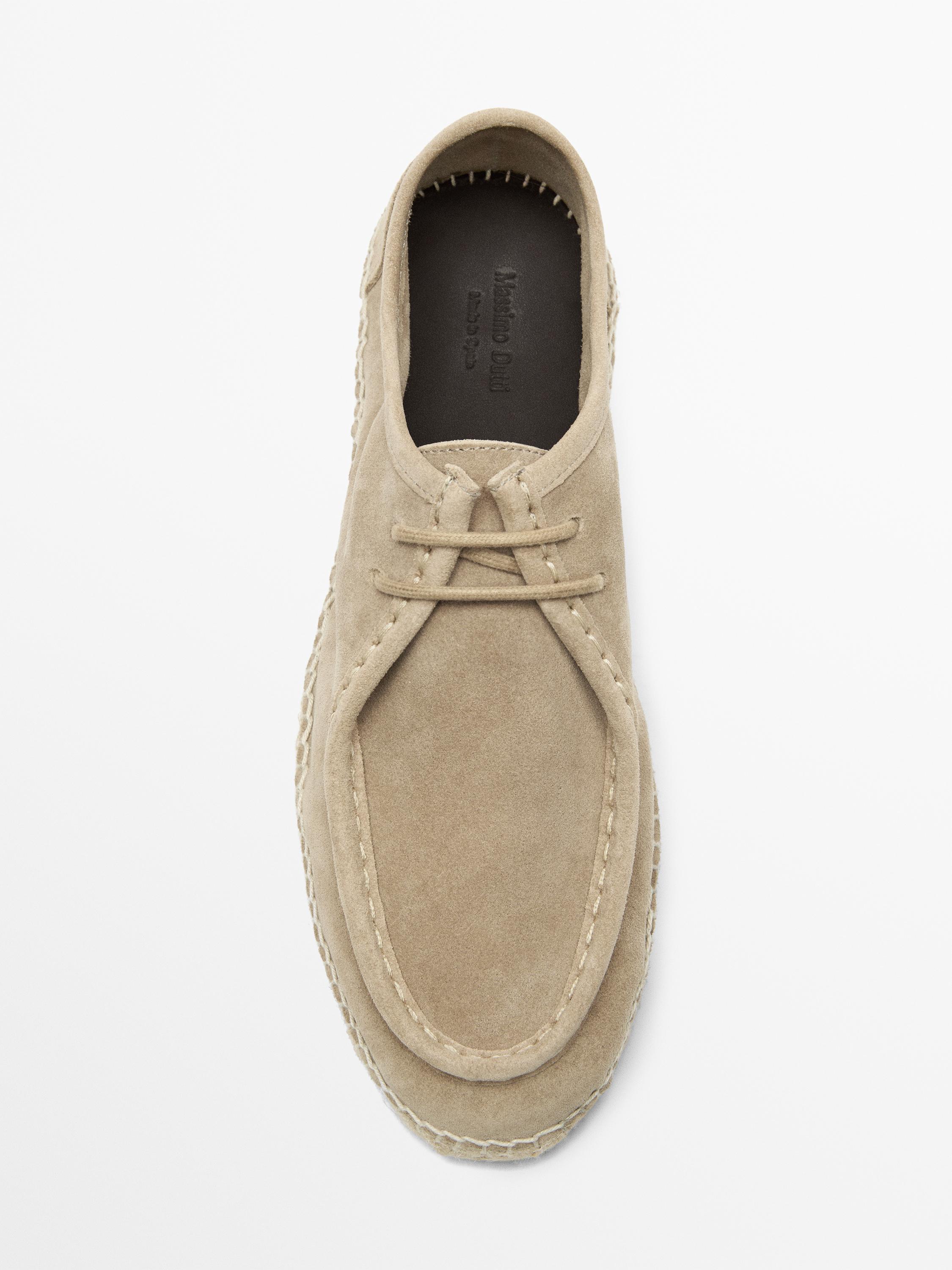 Split leather shoes with moc toe and jute sole — SAND