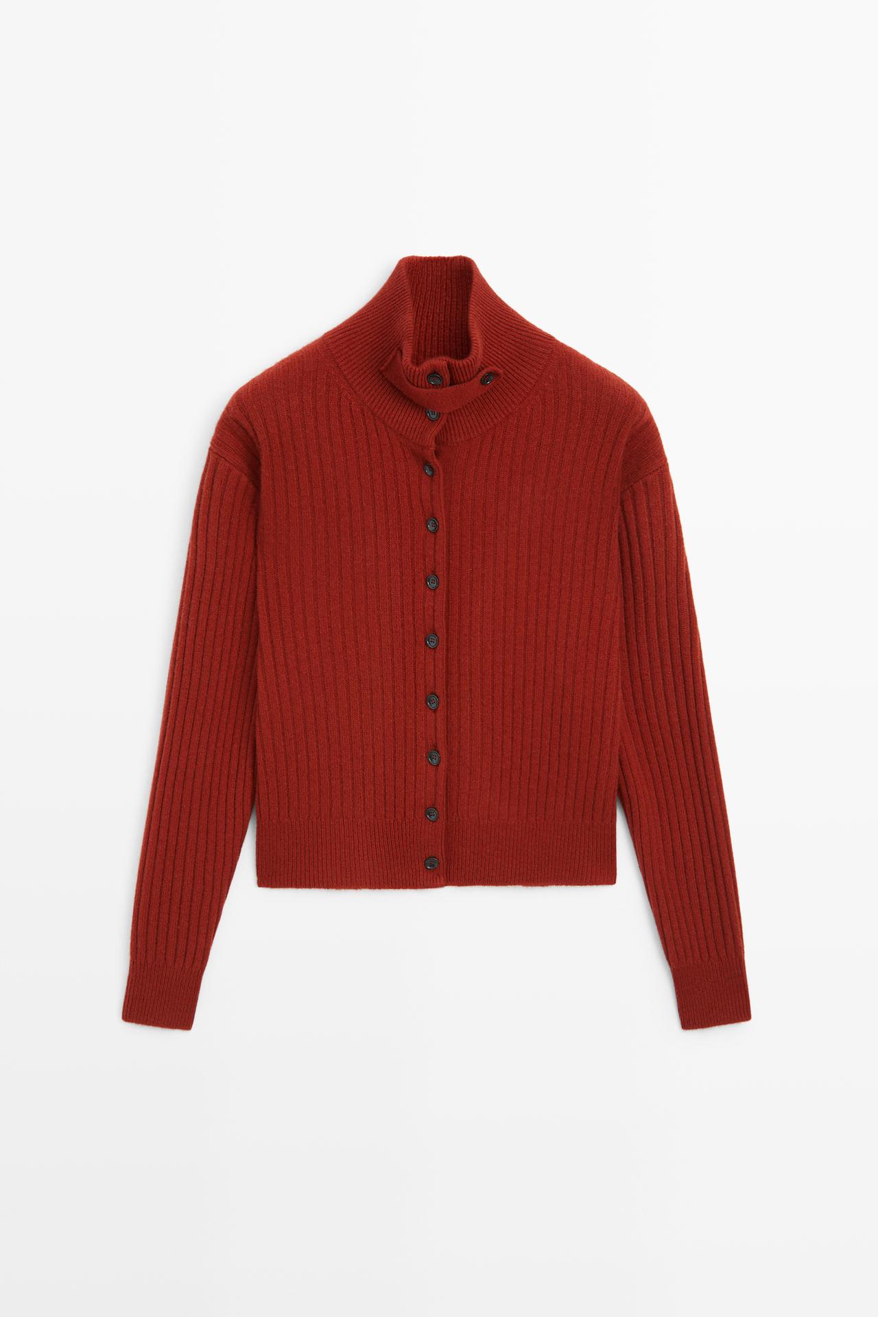 Ribbed knit cardigan with tab detail — DARK PINK