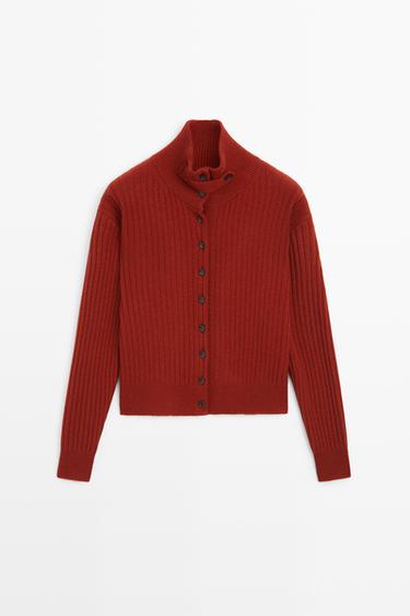 Ribbed knit cardigan with tab detail — DARK PINK 2