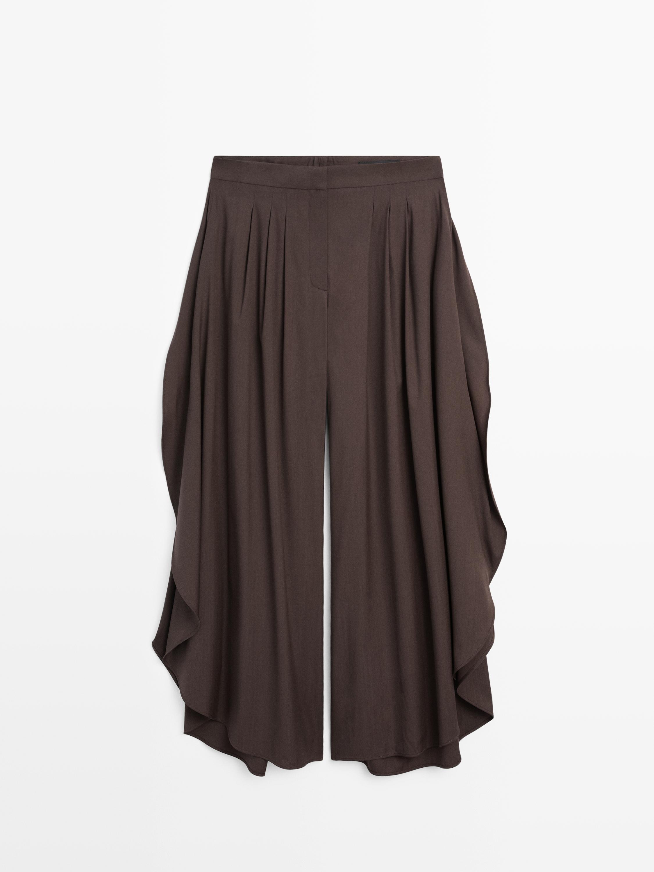 Wide-leg pleated trousers with side vents — Chocolate