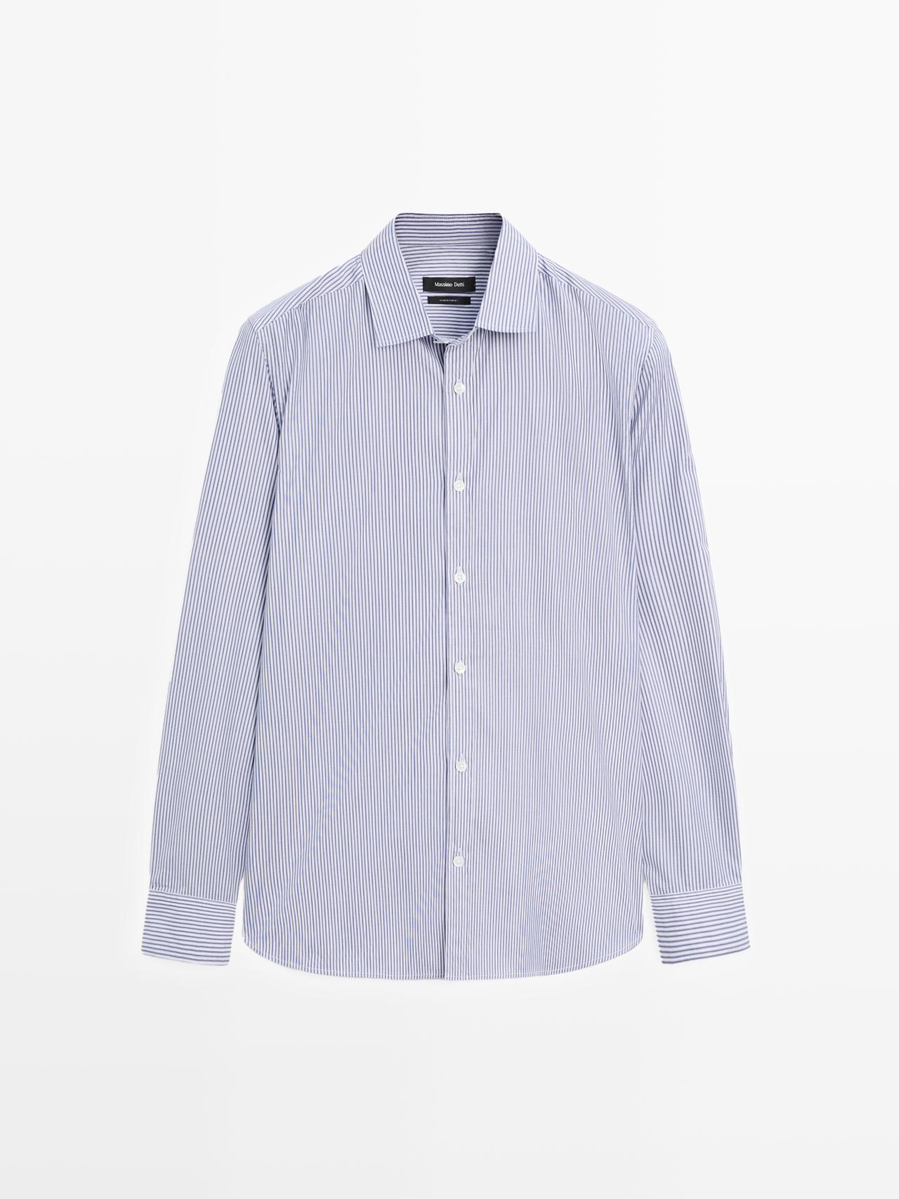 Massimo Dutti - Herre - Regular Fit, Stribet Skjorte I Poplin - Marineblå - L