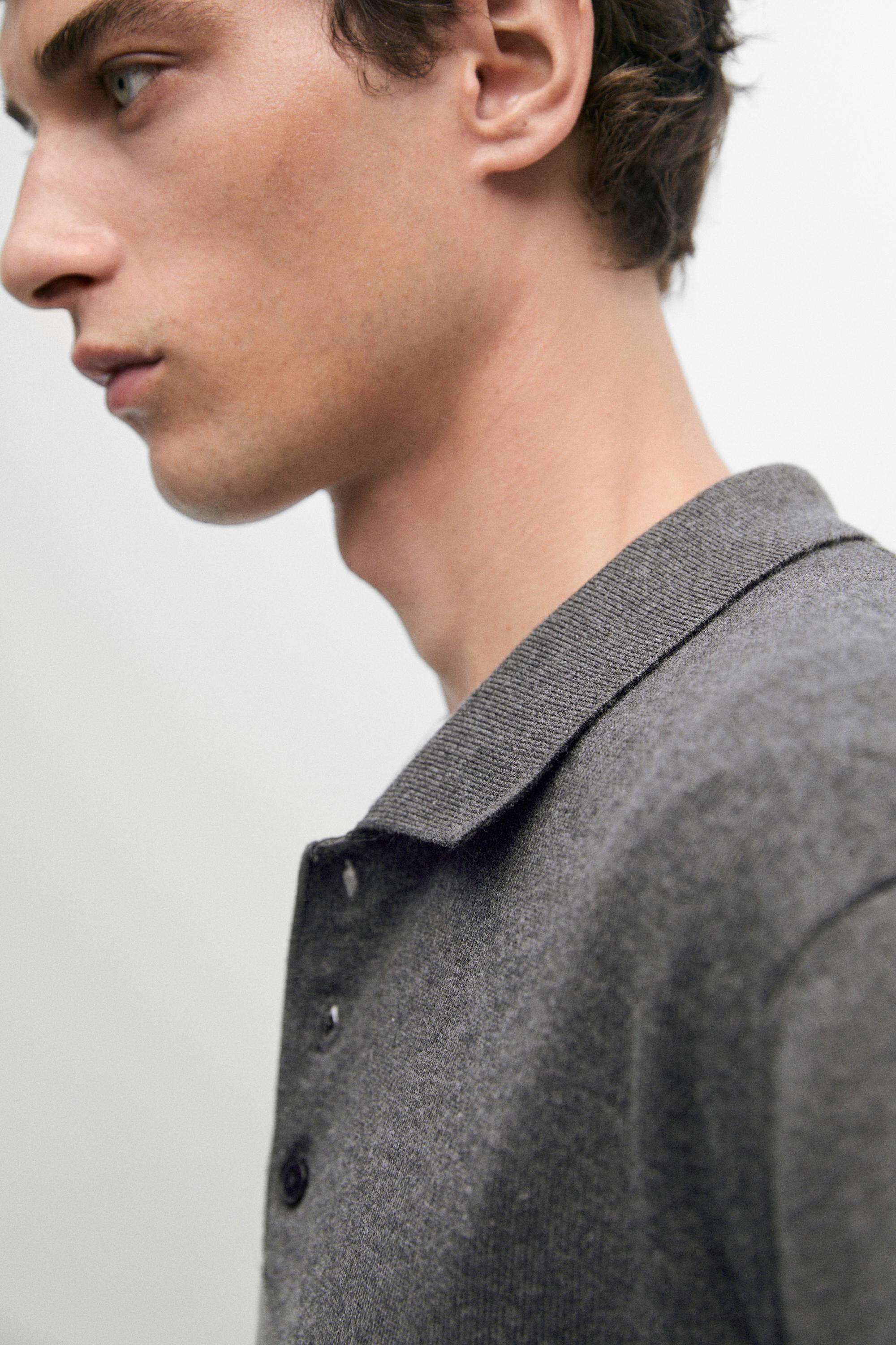 100% cotton knit polo sweater — CHARCOAL