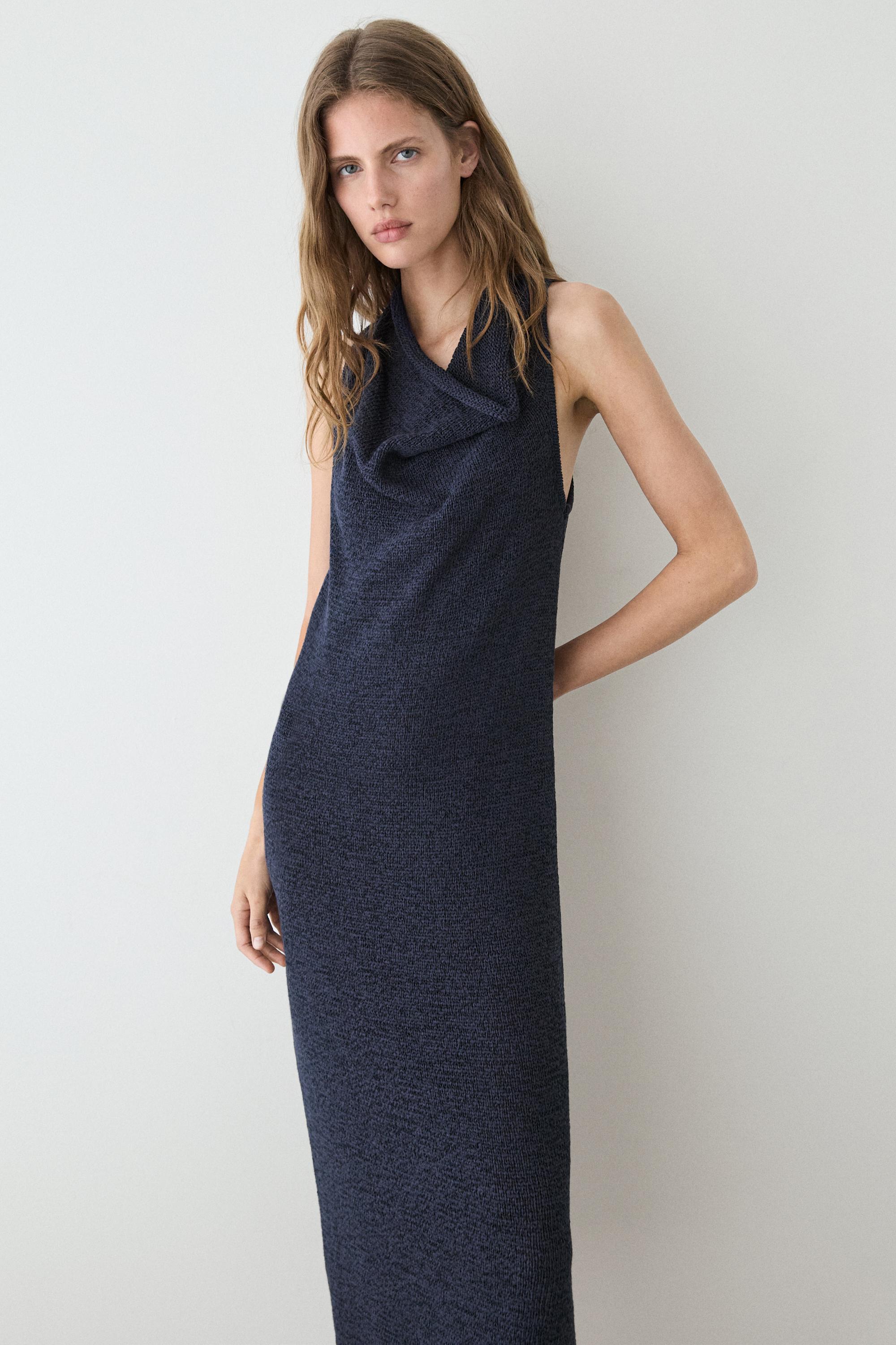 Knit midi dress with draped neckline — Dark Blue